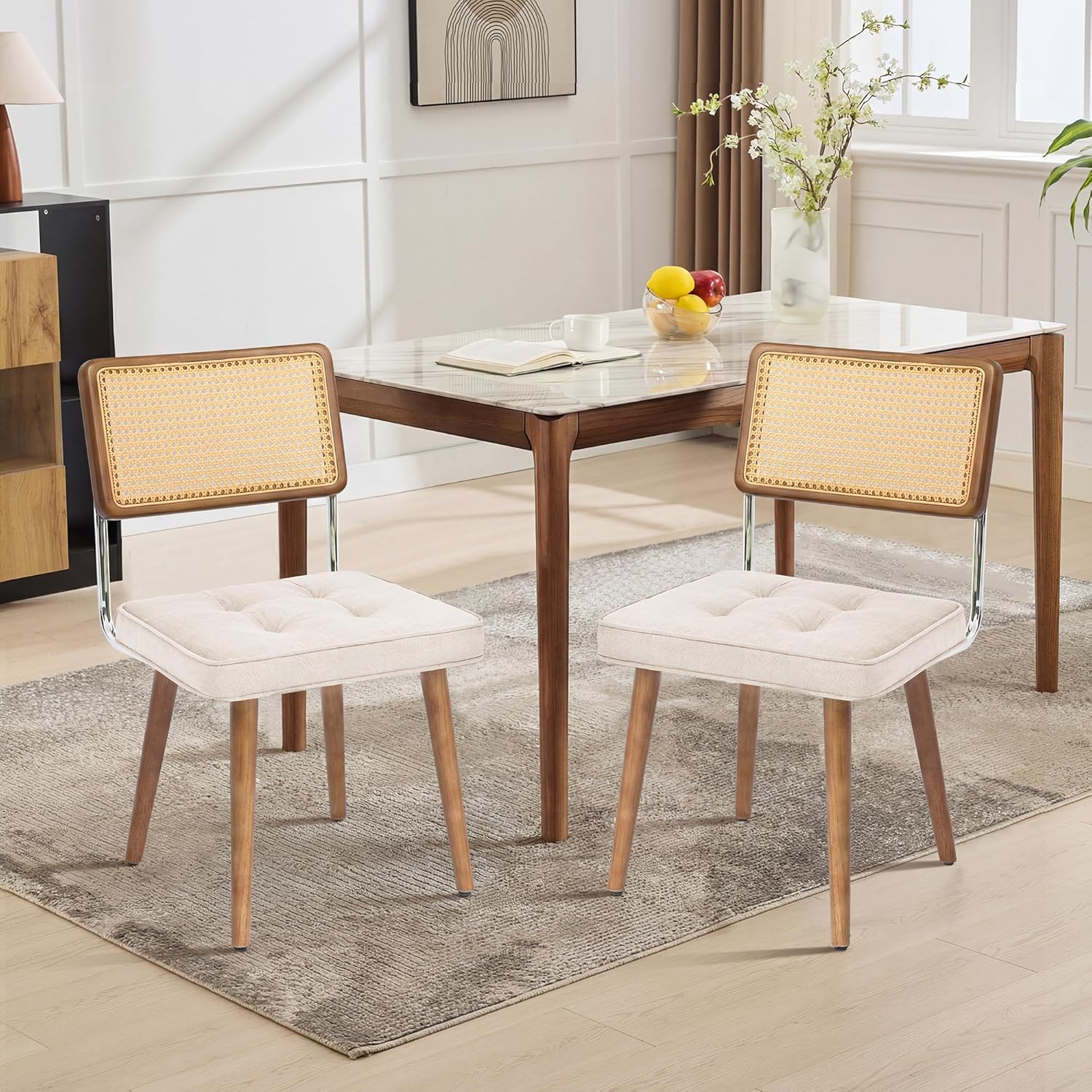 GarveeHome Natural Rattan Dining Chairs Set of 2, Linen Upholstered Kitchen Chairs with Tall Cane Backrest and Strong Wood Legs for Dining Room, Kitchen, Restaurant, Beige
