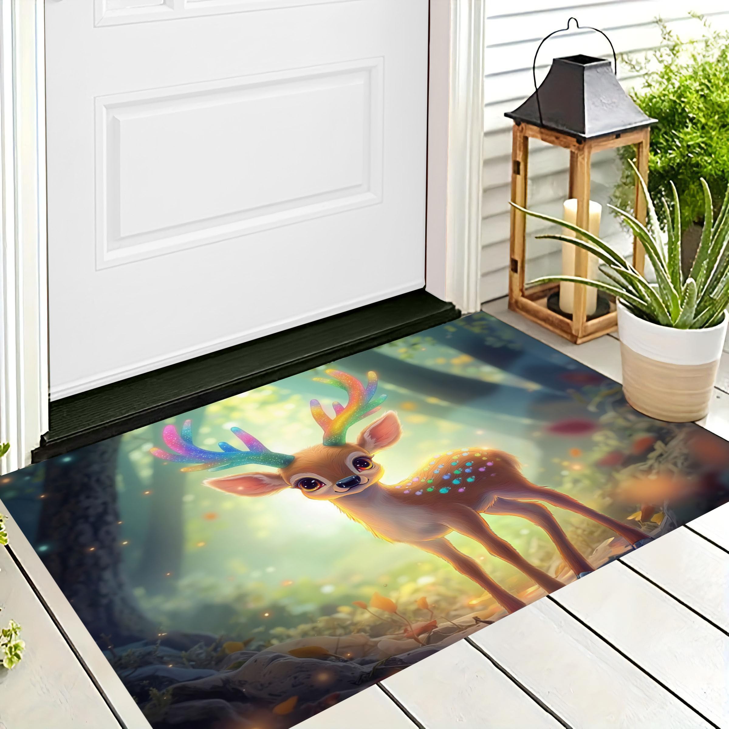 Fußmatte Innen 60x90cm, Waldhirsch rutschfeste Fußmatte für den Innenbereich, Traumwald Fußabtreter Türmatte wasserabsorbierende Schmutzfangmatte, Braun