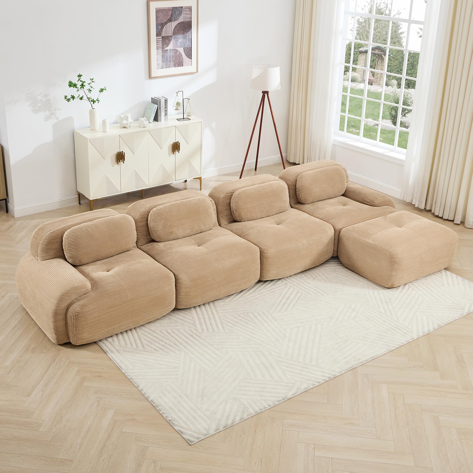 KEIKI 153" L-Shaped Oversized Corduroy Modular Sectional Sofa with 1 Ottoman, High-Density Foam Cushion, Curved Armrest, Non-slip Base Design 4-Seater Cloud Couch with 4 Pillow, for Living Room, Camel