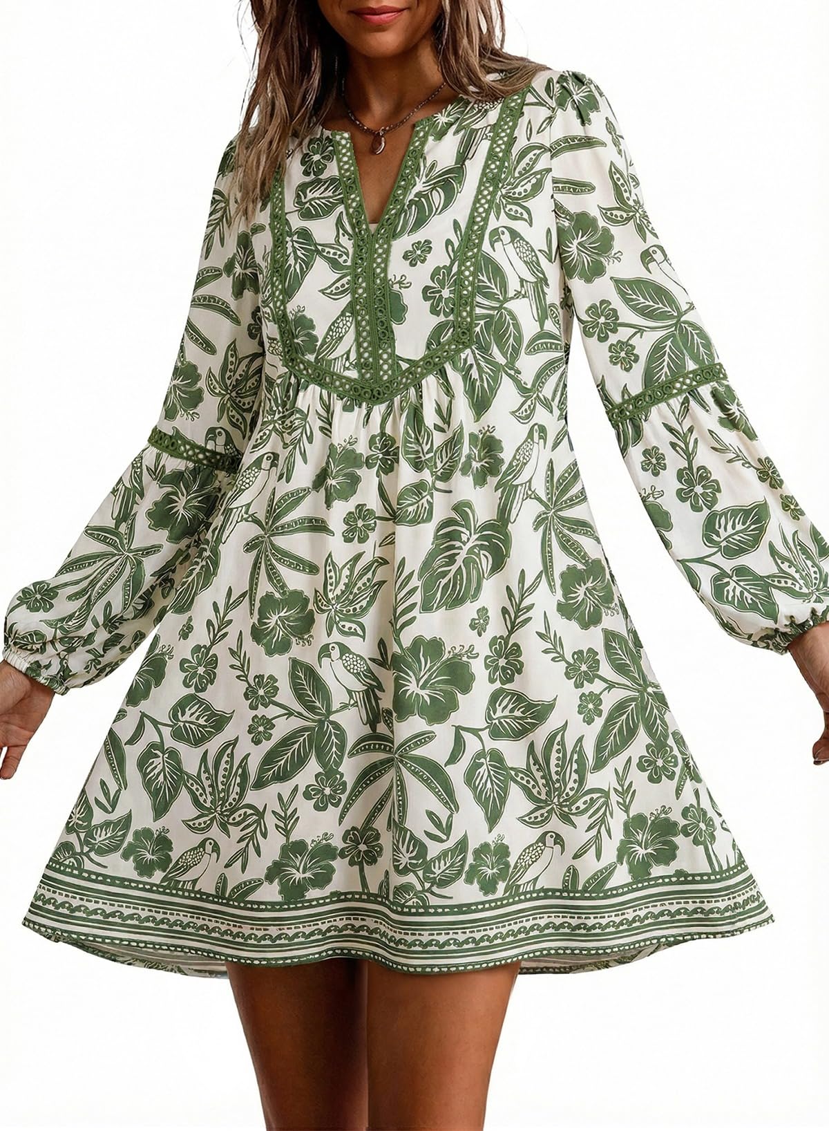 Dokotoo Boho Dresses for Women 2026 Floral V Neck Long Sleeve Embroidered Lace Beach Vacation Mini Dress Medium Green
