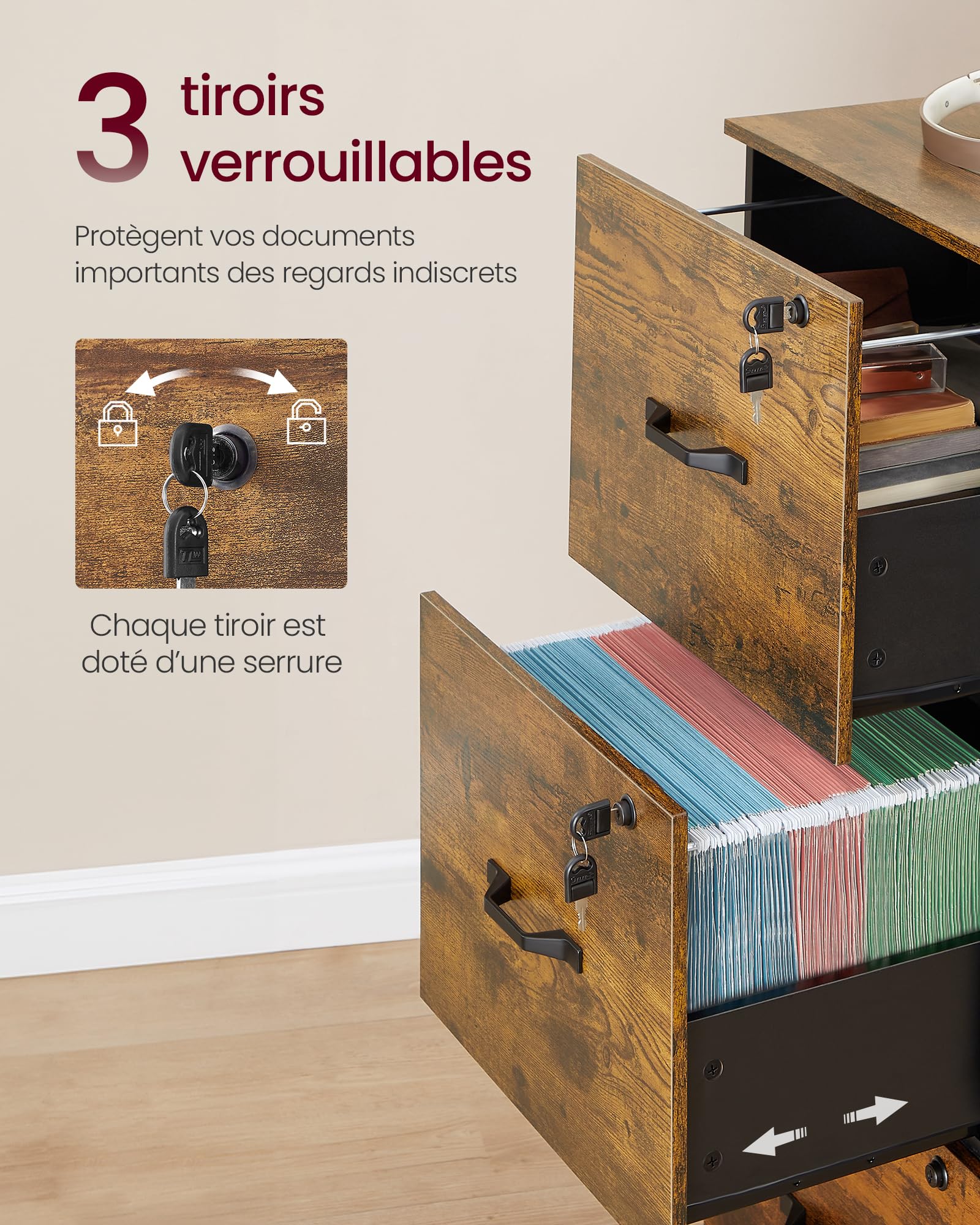 VASAGLE Meuble de Bureau avec 3 Tiroirs Verrouillables, Tringles Réglables, Compatible A4, Marron Rustique et Noir
