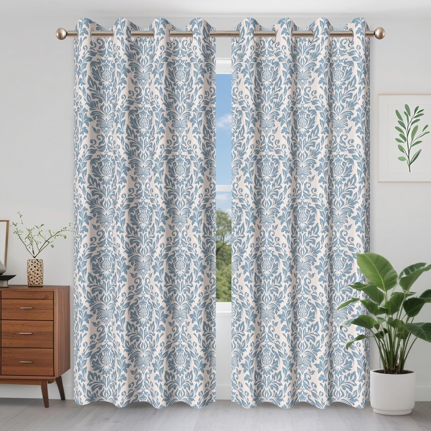 AWERT Thick Linen Window Curtains 84 inch Length 2 Panels Blue Leaves European Print Pattern Beige Light Filtering Window Drapes for Bedroom Living Room Patio Door Curtains 52x84 Inches