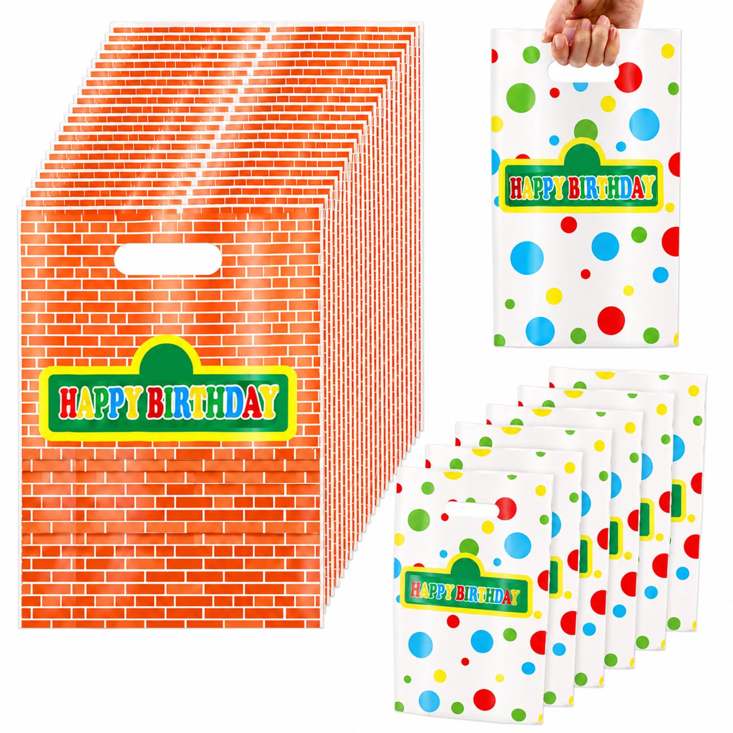 60 Pcs Cartoon Street Friends Party Bags Birthday Supplies, Red Brick Wall Street and Coloful Cookies Dotted Candy Goodie Gift Bags for Birthday Party Decorations