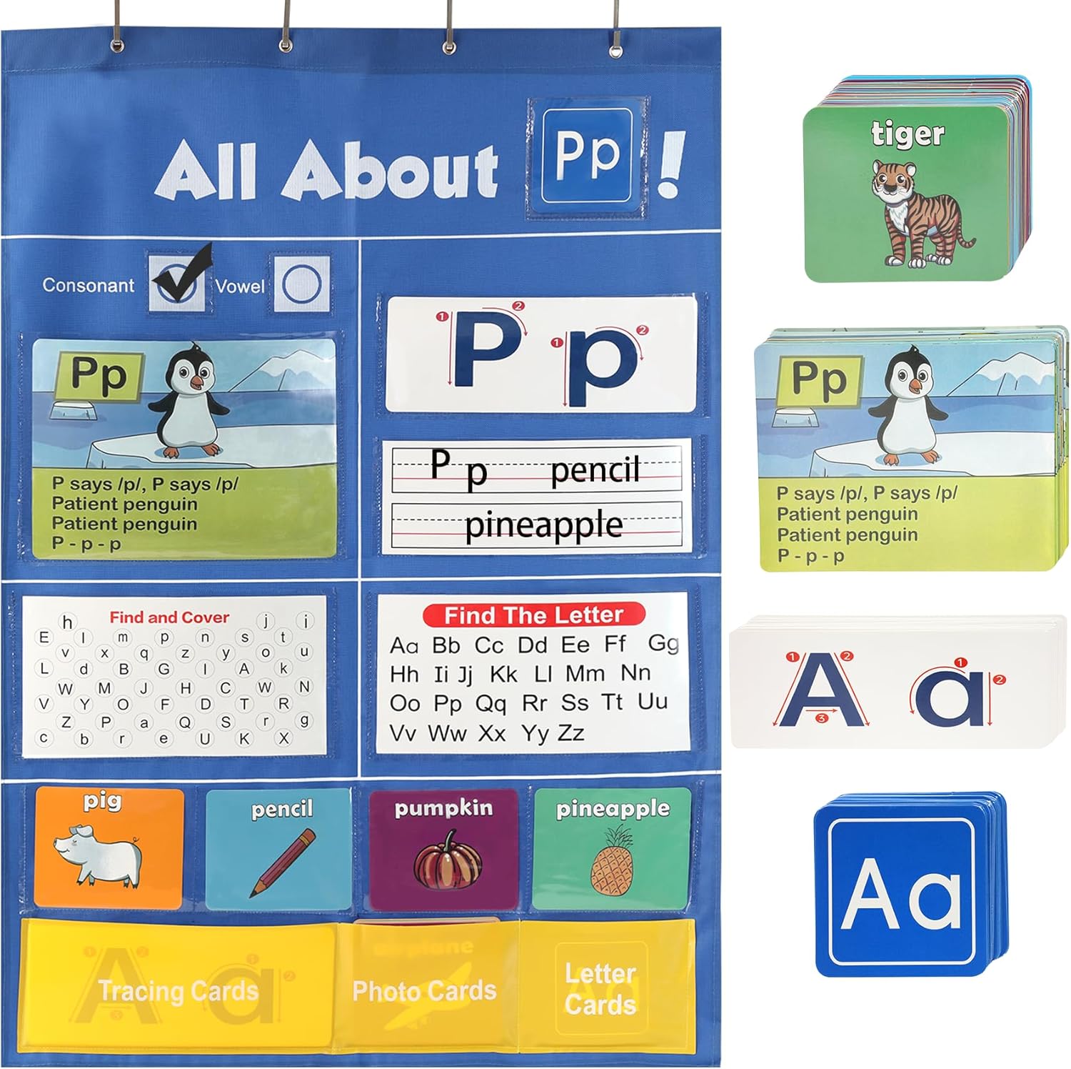 Alphabet Learning Pocket Chart, 41 * 28 Inch All About Letter Pocket Chart, ABC Letter Tracing & Sound Recognition Activity Wall Chart for Toddlers, Preschool & Homeschool Classroom Must Haves