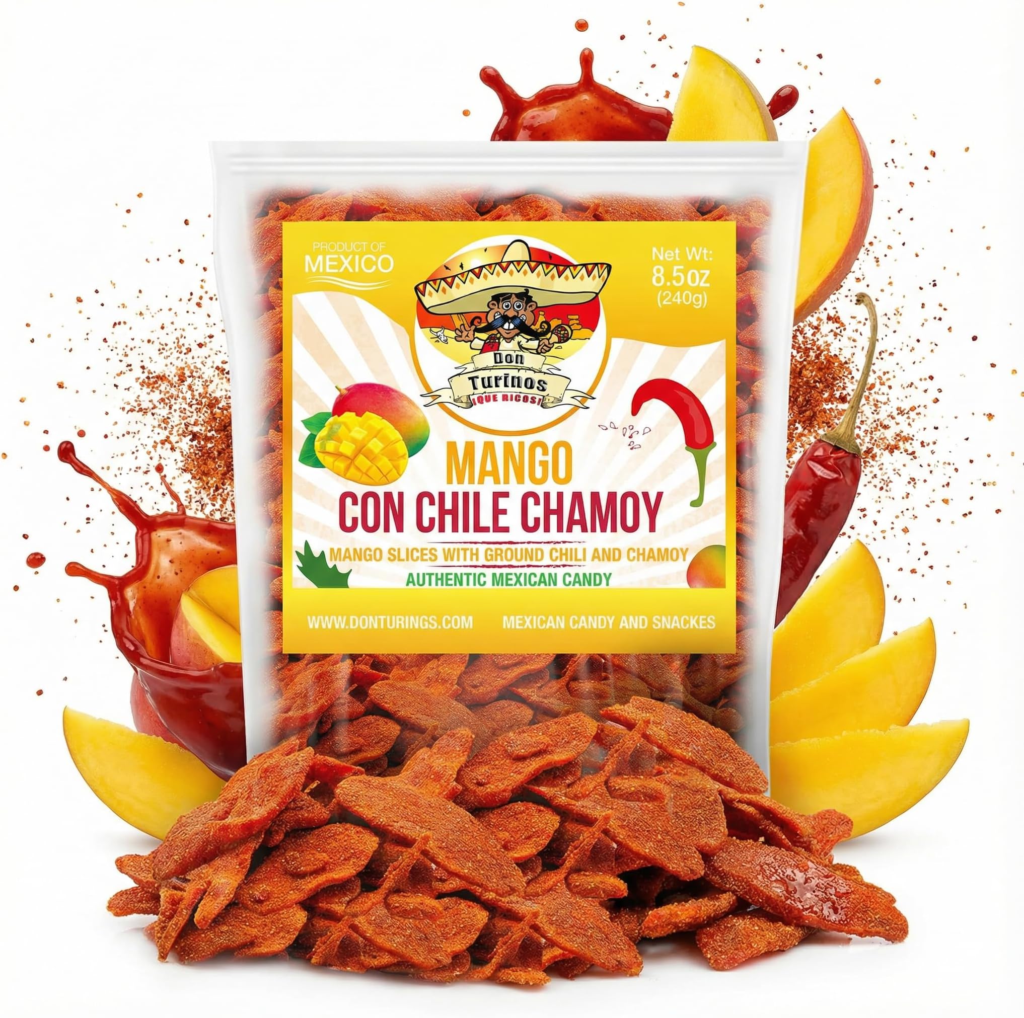 Chili Chamoy Mango Slices, 8.5 oz. Bag of Authentic Mexican Dry Fruit Candy, Sweet and Spicy Flavor, Fresh and Natural Dulce Mexicano, by Don Turinos