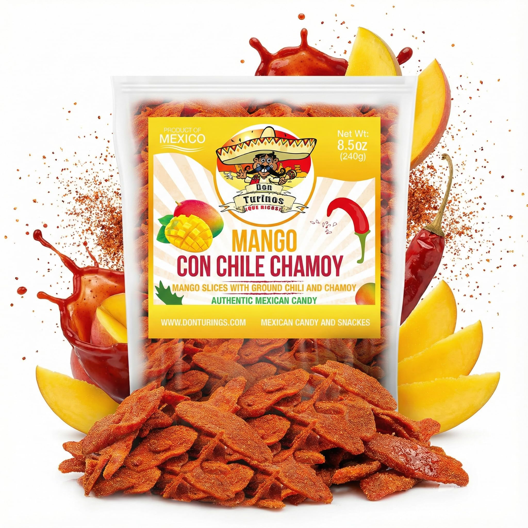 Chili Chamoy Mango Slices, 8.5 oz. Bag of Authentic Mexican Dry Fruit Candy, Sweet and Spicy Flavor, Fresh and Natural Dulce Mexicano, by Don Turinos