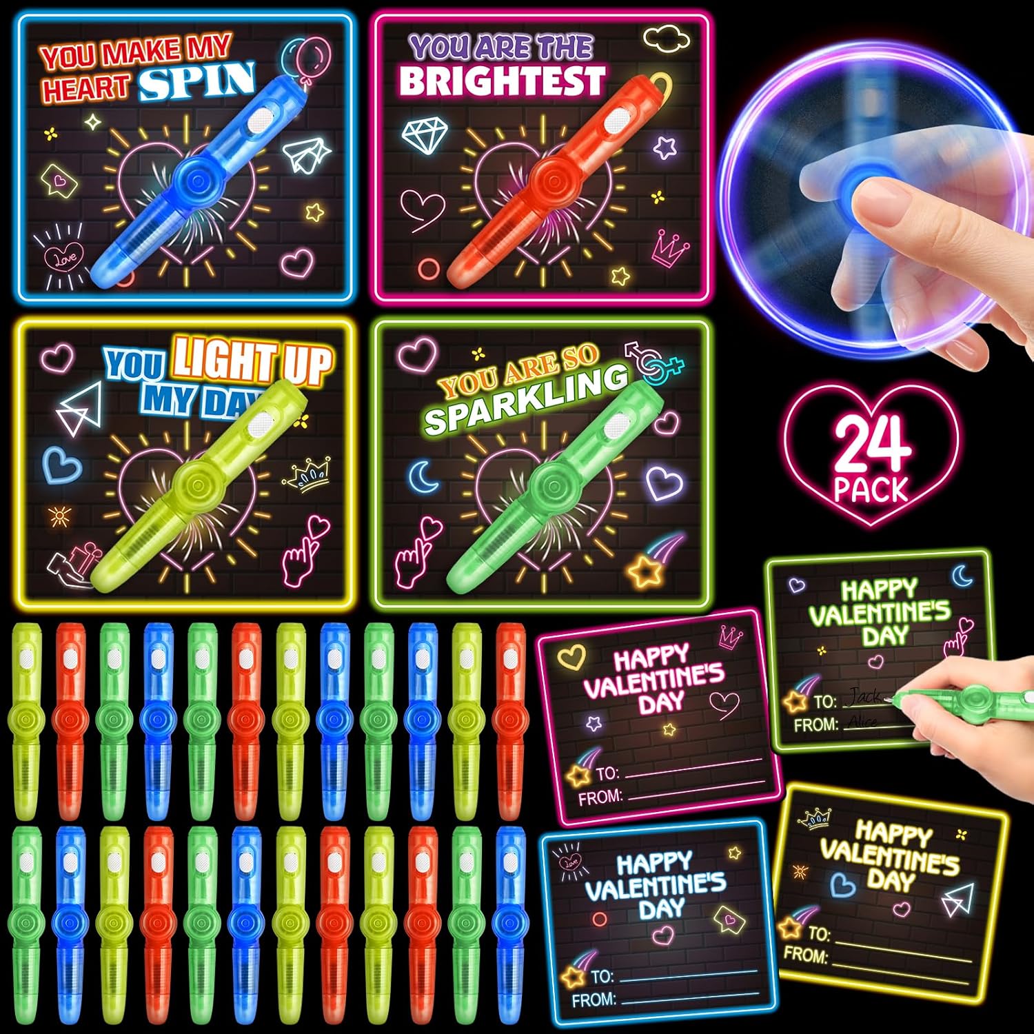 ShyLizard 24Pack Kids Valentines Day Cards for Classroom School, Valentines Cards with Fidget Spinner Toys, Kids Valentine's Day Card Gifts for Valnetine Day Party Favors, Classroom Prize