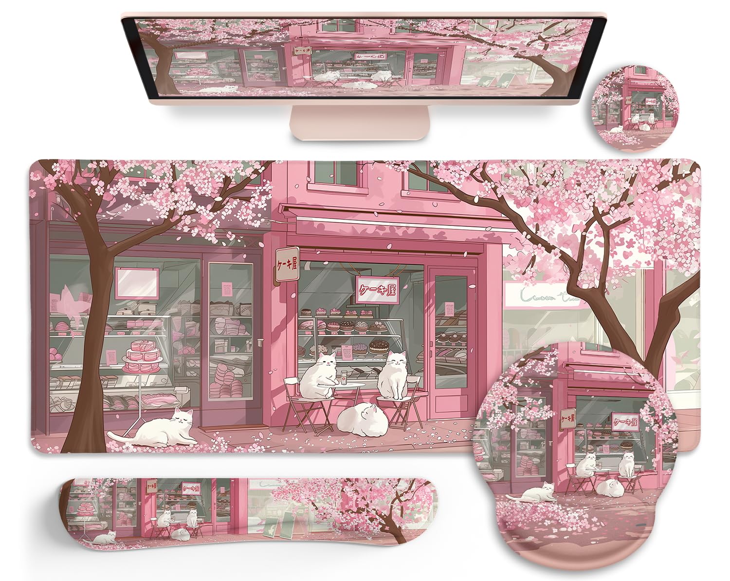 LIMKRIAN Anime Cat Mouse Pad Set, XXL Gaming Mouse Pad with Wrist Rest, Keyboard Mat, Cat Coaster, Cute Office Desk Decor Accessories, Pink Lycra