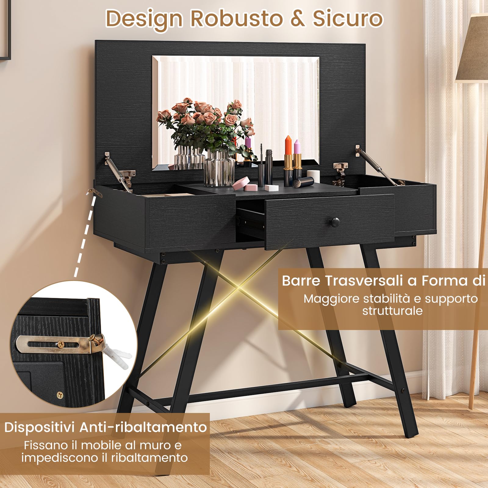 COSTWAY 2 in 1 Tavolo da Trucco Pieghevole, Tavolo da Toeleta con Specchio a Ribalta, Stazione di Ricarica, 6 Scomparti, Cassetto, Piano di Lavoro, per Soggiorno Camera da Letto (Nero)