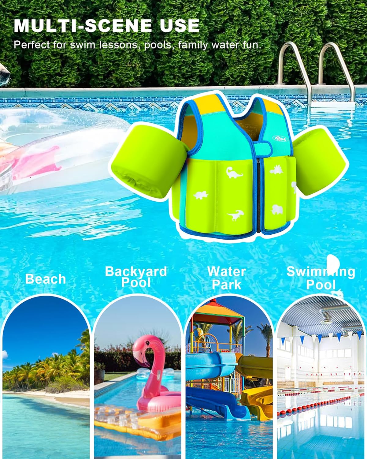 Toddler Swim Vest 20-30-50-70 Pounds, Kids Pool Floaties for 1-2-3-5-7-9 Years Old, Comfortable Wear Float Jacket with Water Ring, Bright Colorful - Unpadded Sides for Arm Comfort, Boys, Girls, niños