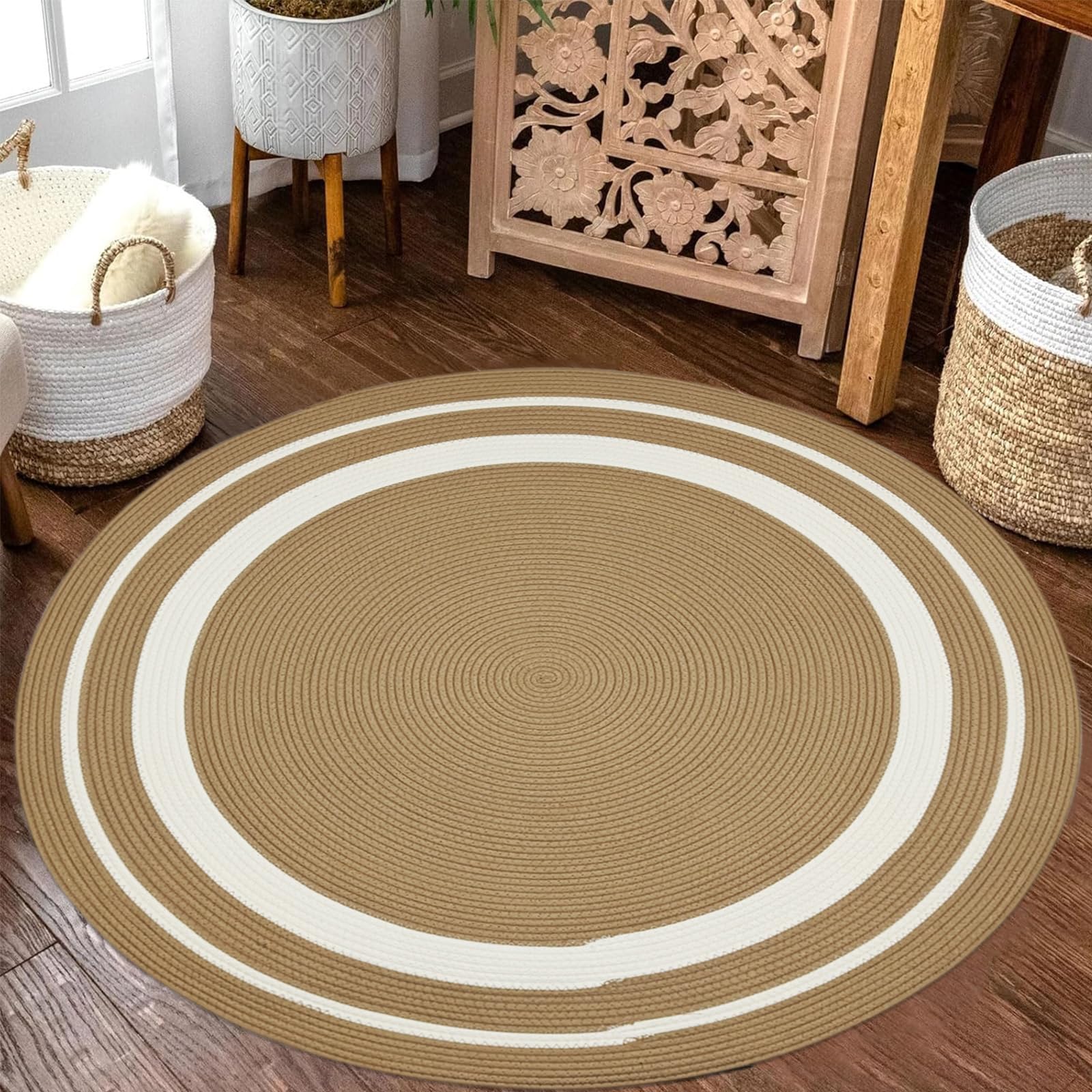 USTIDE Tapis tressé en coton tressé rond beige naturel bohème vintage pour terrasse, chambre à coucher, salon, entrée, rond, 120 cm