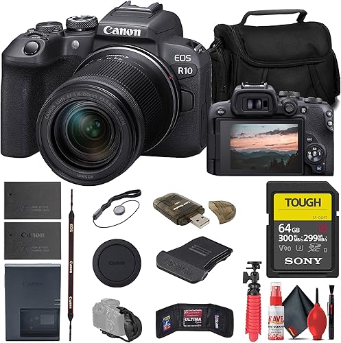 Canon Cámara sin espejo EOS R10 con lente de 0.709-5.906 in (5331C016) + tarjeta SD resistente Sony de 64 GB + bolsa + lector de tarjetas + trípode