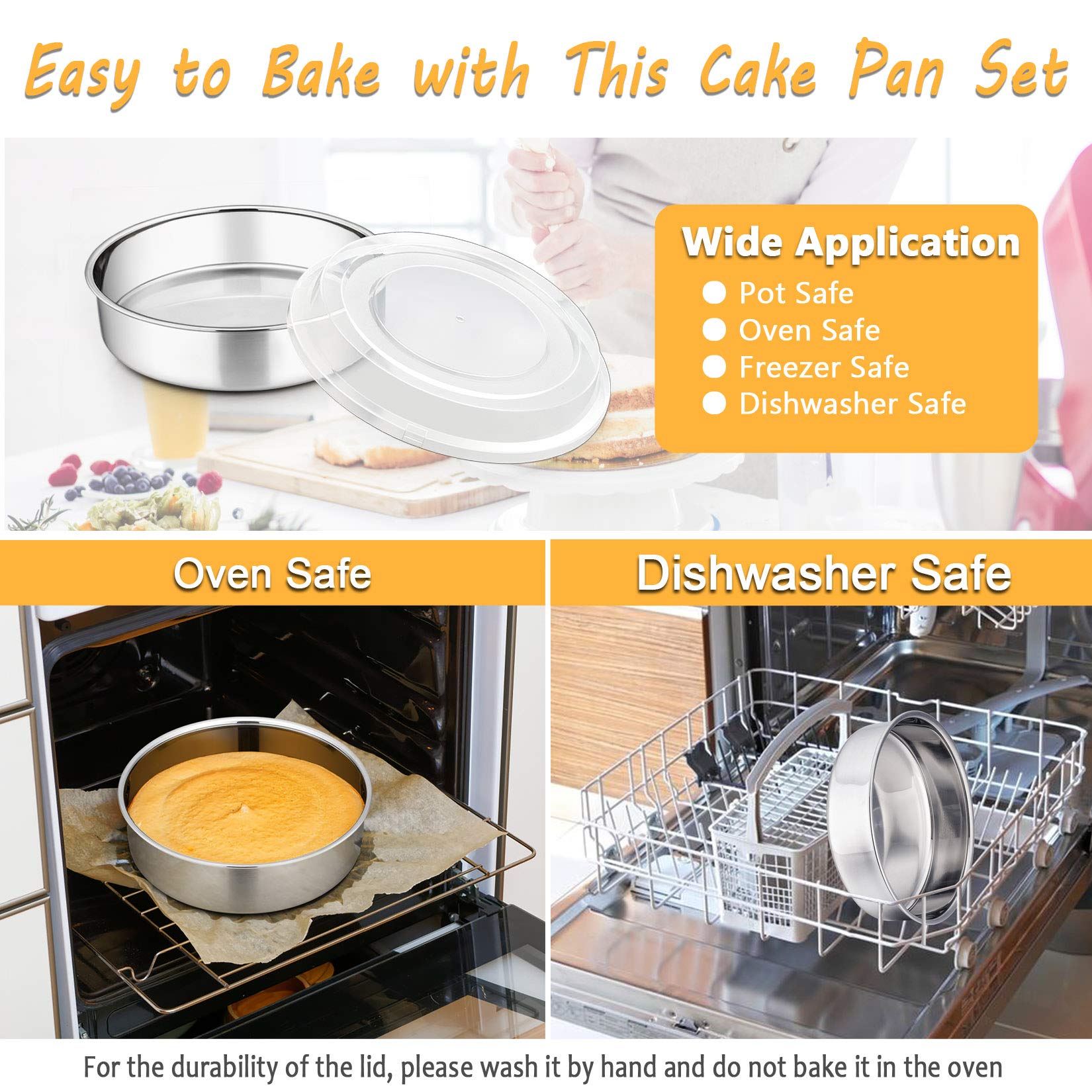P&P CHEF Juego de moldes para tartas de 8 pulgadas con tapa (3 sartenes + 3 tapas), molde redondo de acero inoxidable para picnic, boda, cumpleaños, sartén a prueba de fugas y tapa de plástico elevada