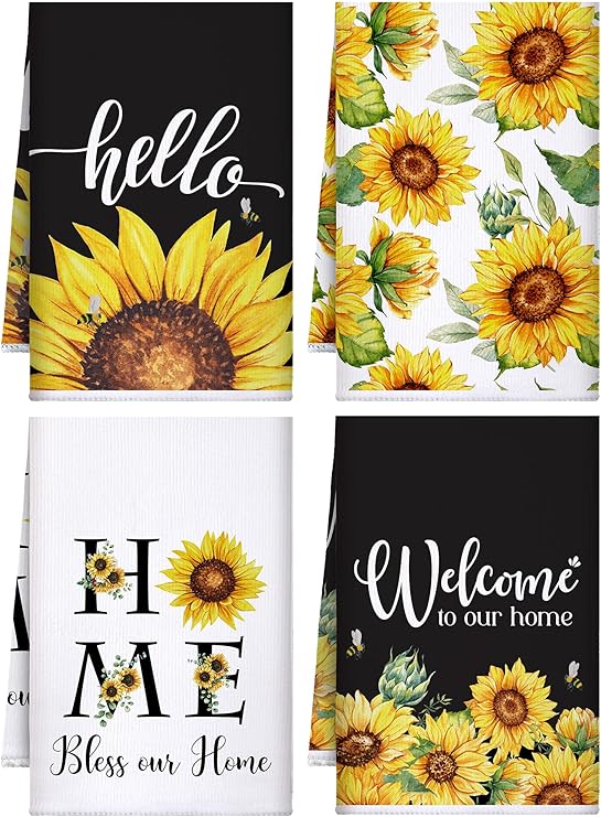 Bencailor 4 Pcs Lemons Sunflower Cat Kitchen Towels Kitchen
