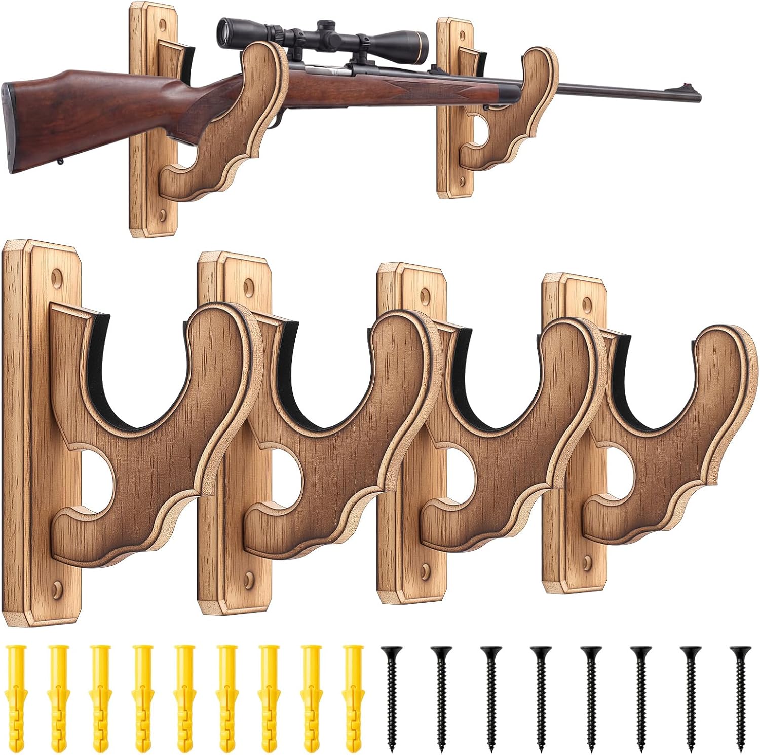 Yinkin 4 Pack Gun Rack Wall Mount, Wooden Shotgun Rifle Wall Mount Holder with Hooks Display Vintage Wooden Gun Rack Hangers for Indoor Home Office Rifle Shotgun Bow Storage Display