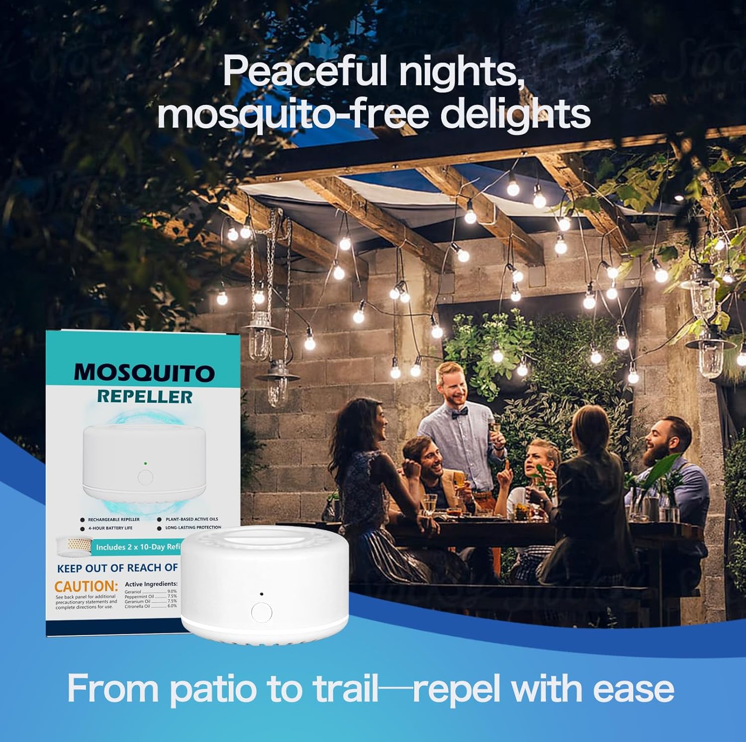 Rechargeable Mosquito Repeller with Night Light, Plant-Based Refill, 30ft Protection Zone, USB-C Powered, Indoor Outdoor Use for Camping, Patio, Travel (2 Refills)