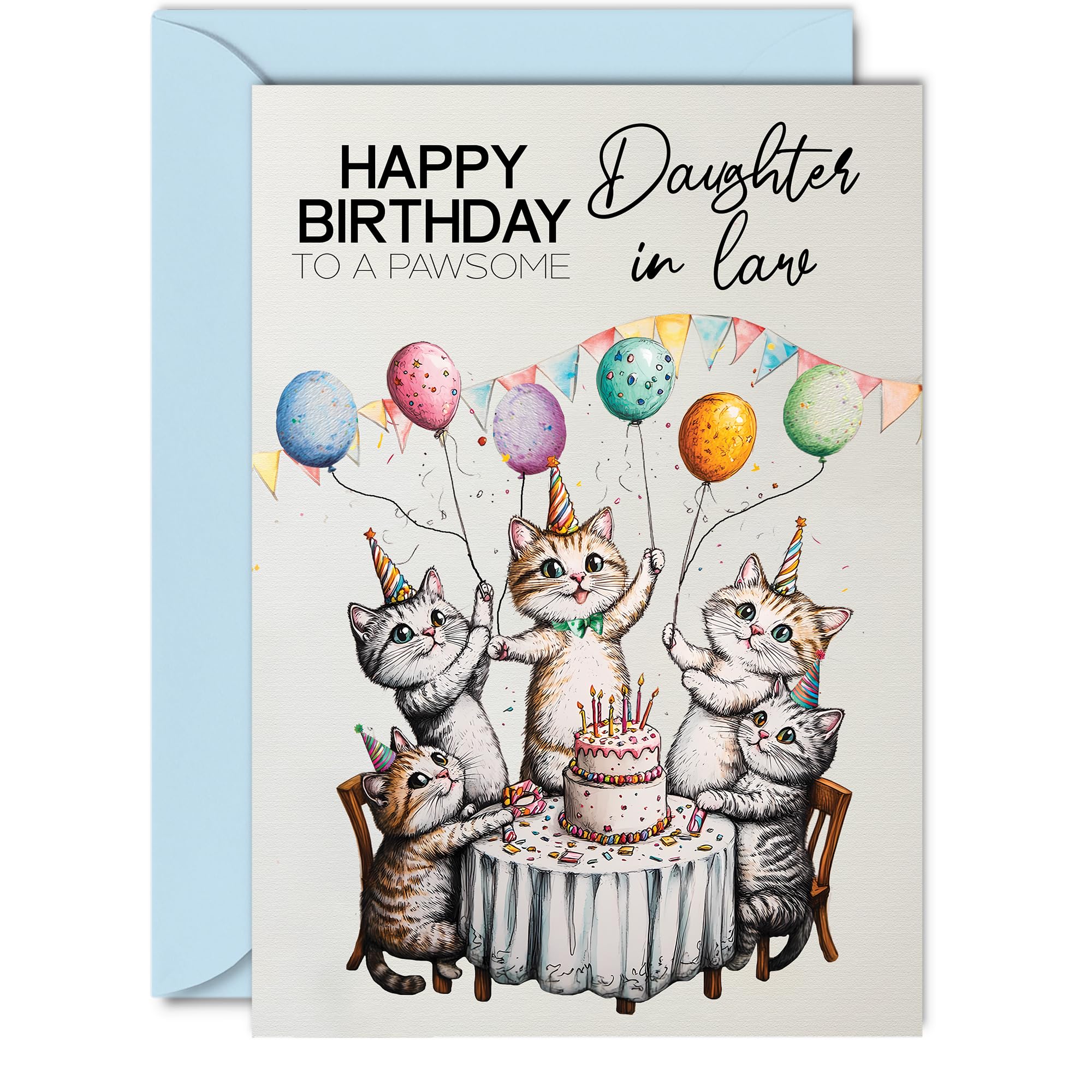Daughter in Law Birthday Card - Pawsome Party Cats Balloons - Happy Birthday Card for Daughter in Law from Father in Law Dad Mother Mum, A5 Female Cat Bday Greeting Cards