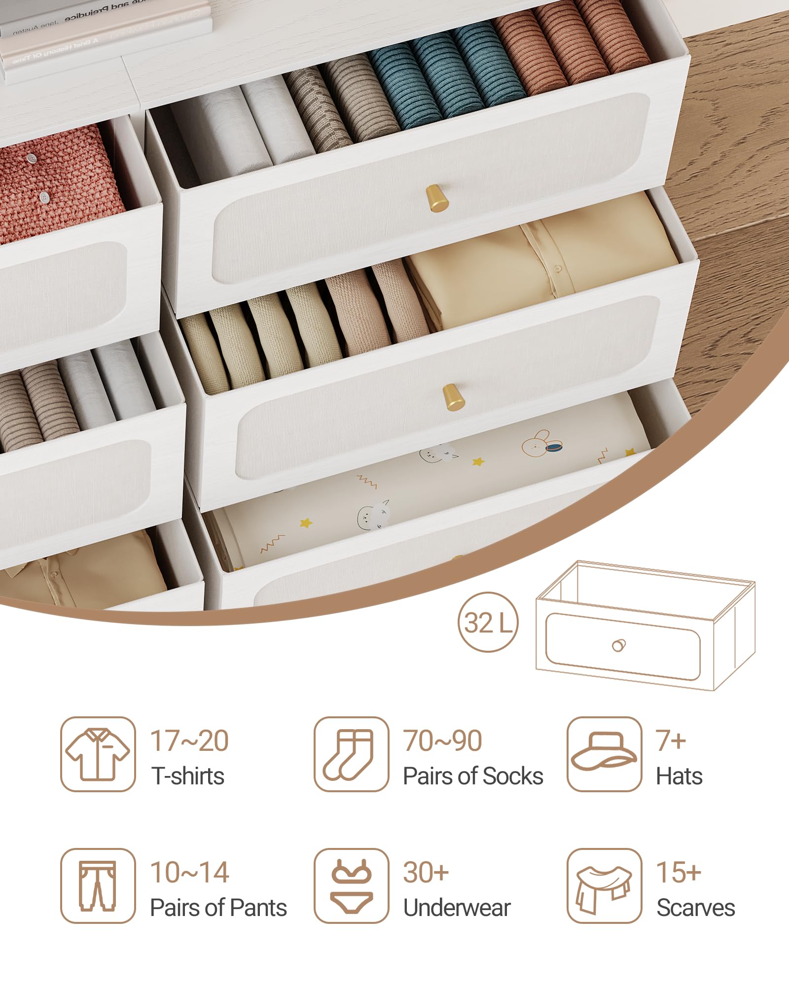 Hzuaneri Commode 110cm, Armoire avec 6 Tiroirs en Tissu, Meuble de Rangement, Cadre en Métal, 30 x 110 x 85 cm, pour Le Salon et la Chambre, Style Moderne, Blanc-Or DU25813AW