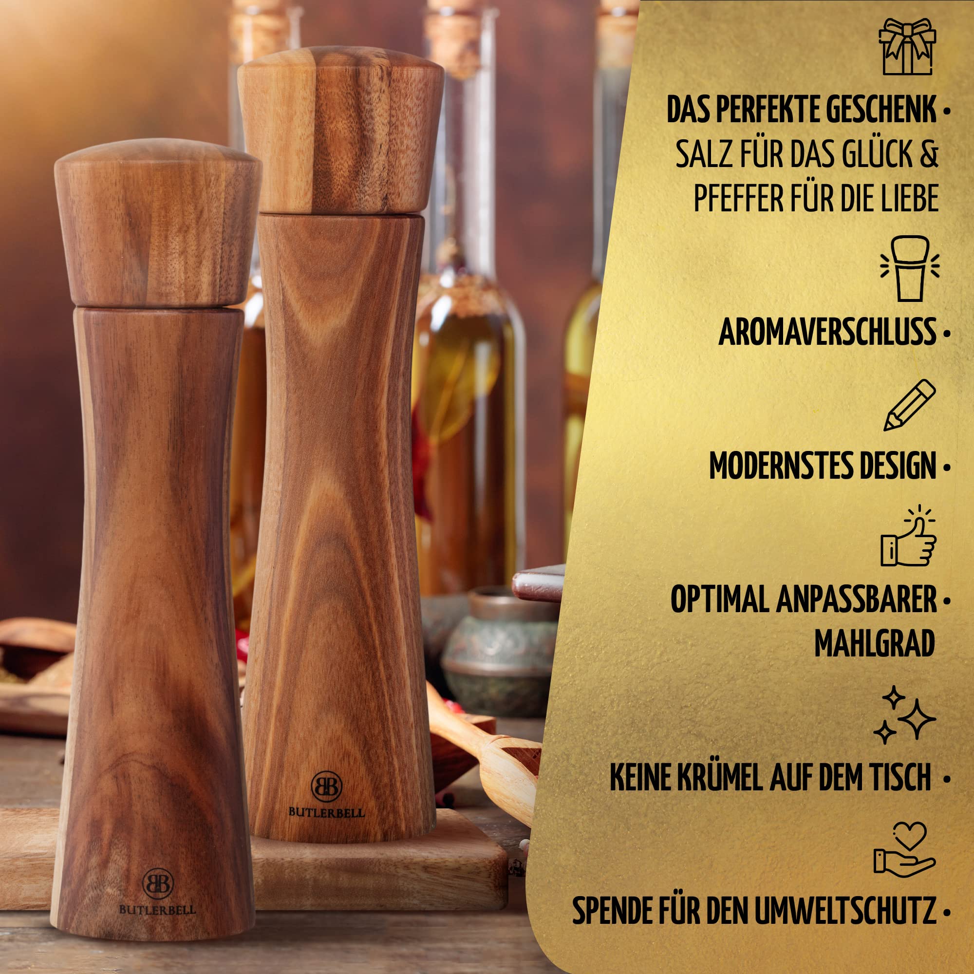 BUTLERBELL® Salz und Pfeffermühle Holz inkl. Untersetzer in Luxus Geschenkbox ideal als Hochzeitsgeschenk | Geschenke zur Hochzeit | Hochzeitsgeschenke für Brautpaar | Einweihungsgeschenk