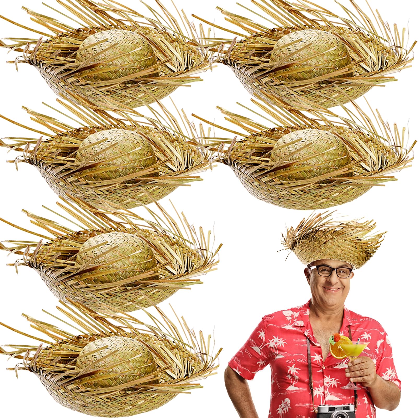Cididu 6 Pcs Straw Hat Hawaii, Beach Party Hat Costume, Beachcomber Hats for Women Men, Hawaiian Luau Hat Hillbilly Hat Farmer Hat for Summer Themed Party Props Decorations Accessories