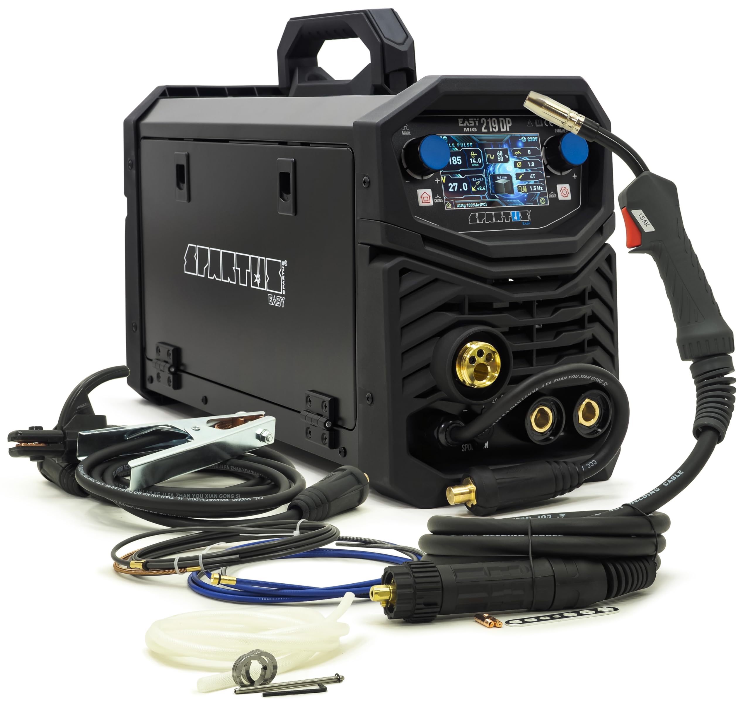 SPARTUS EasyMIG 219 Dual Pulse Starter-Set - MIG MAG SCHWEISSGERÄT 200A - Synergic Komplettset sofort startklar - Inkl. Schutzgas-Paket & Draht für Edelstahl - Bestschweissen.de