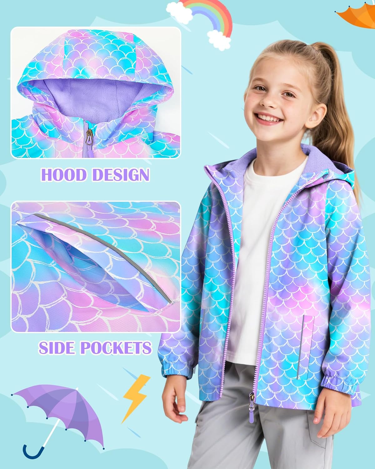 Girls Rain Jacket Waterproof Hooded Fleece Kids Raincoat Toddler Girls Fall Rain Coats Jackets Windbreakers 4-9T - Image 5