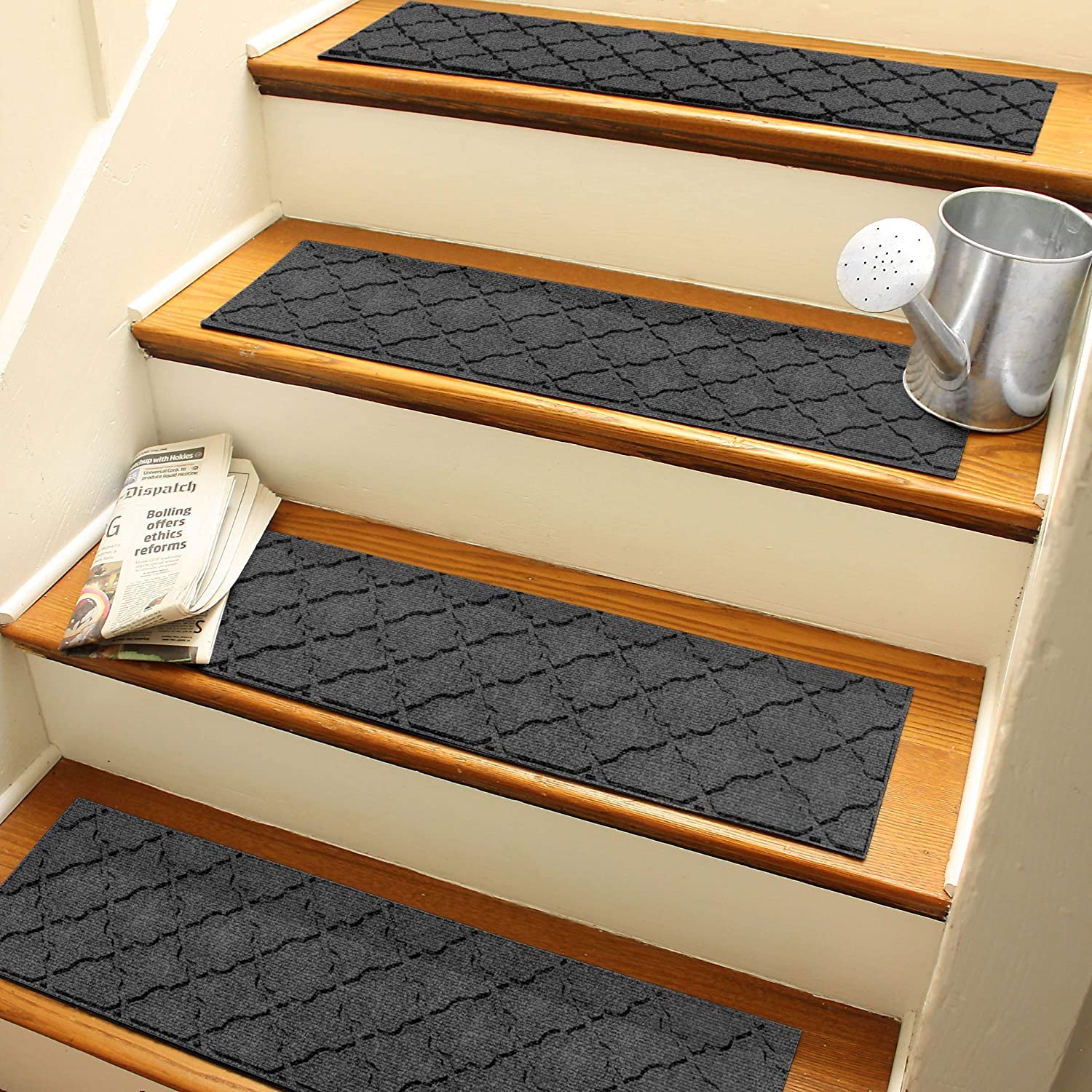 Bungalow Flooring Waterhog Stair Treads, Set of 4, 8-1/2 x 30 inches, Made in USA, Durable and Decorative Floor Covering, Indoor/Outdoor, Water-Trapping, Cordova Collection, Charcoal