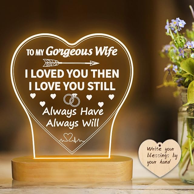 Wife Gift Lamp, I Love You 3D Illusion Night Light, Wife Warm Gift with Button, Romantic Room Bedside Decoration Wedding Souvenir Valentine's Day Birthday Present for Lover