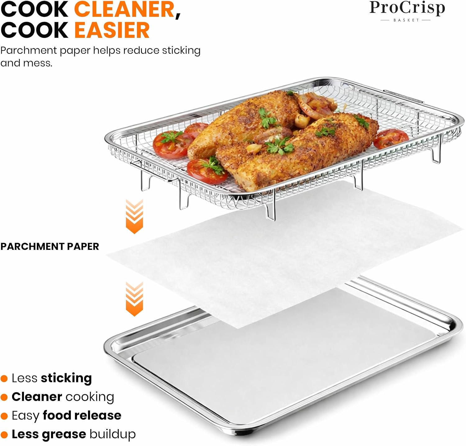 Air Fryer Basket for Oven, Stainless Steel Air Fryer Tray for Oven with Mini Silicon Mitts & Parchment Papers, Oil-Free Healthy Cooking & Baking, Dishwasher Safe