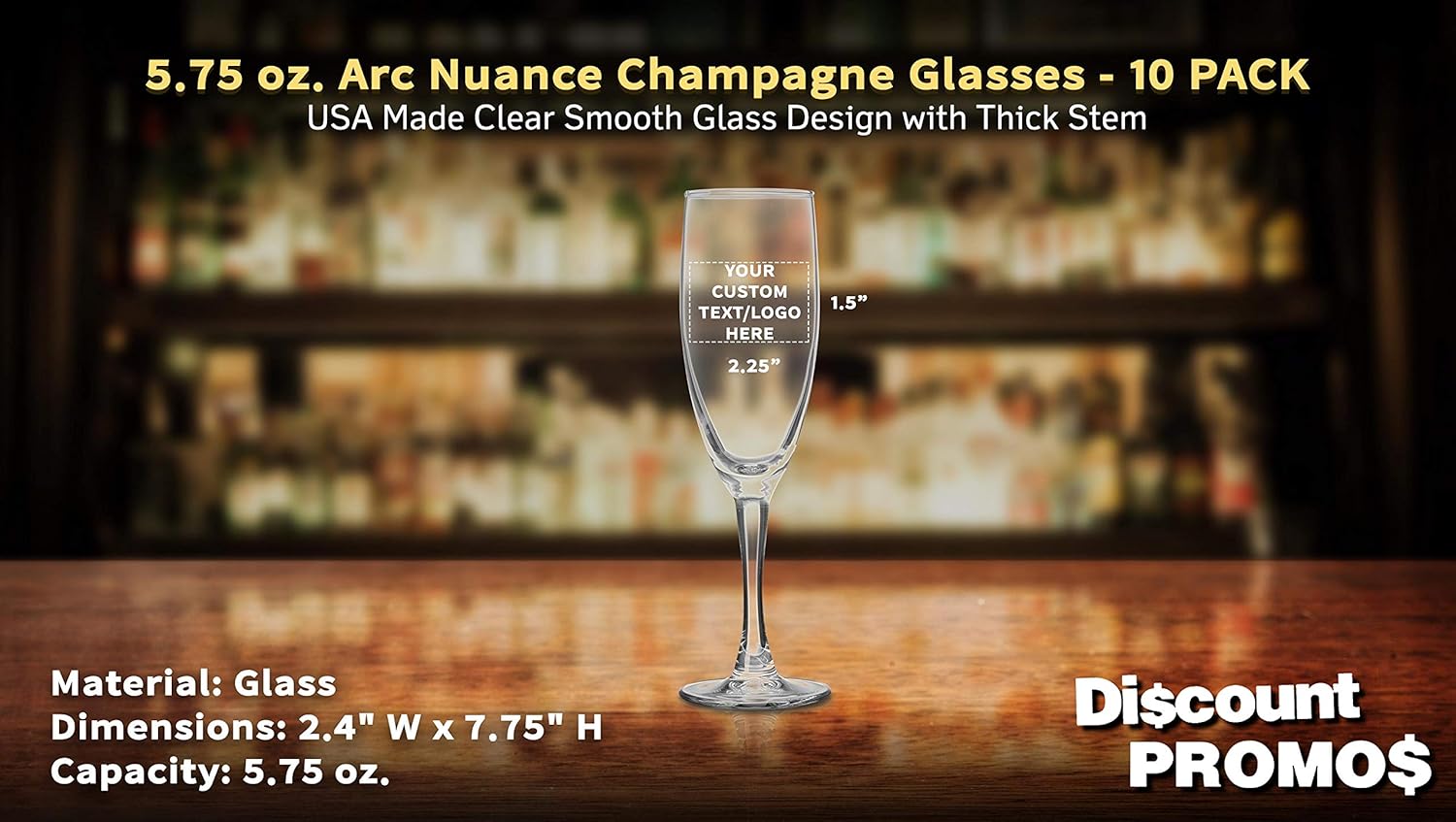 Custom Nuance Champagne Flutes by ARC 5.75 oz. Set of 10, Personalized Bulk Pack - Perfect for Hotel, Bar, Restaurant or Lounge - Clear