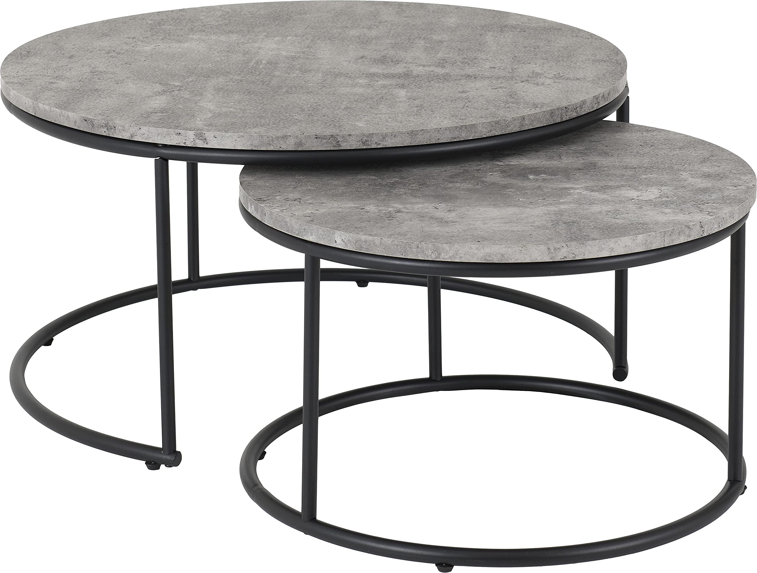 Athens Round Coffee Table Set – 2pc Nesting Tables Concrete Effect / Black Metal