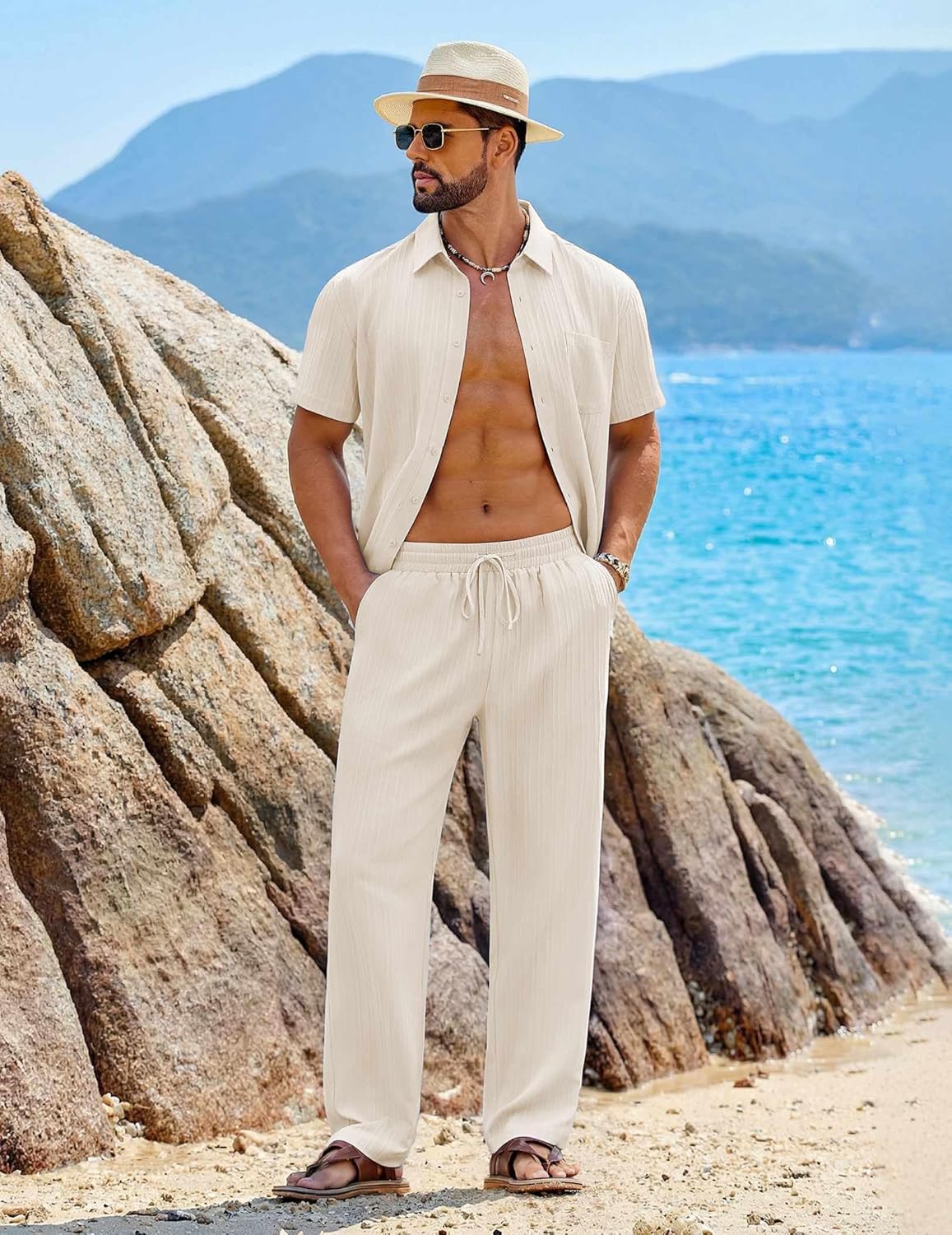 COOFANDY Mens 2 Piece Sets Summer Outfits Short Sleeve Button Down Shirt Loose Pant Sets Beach Vacation Outfits - Image 2