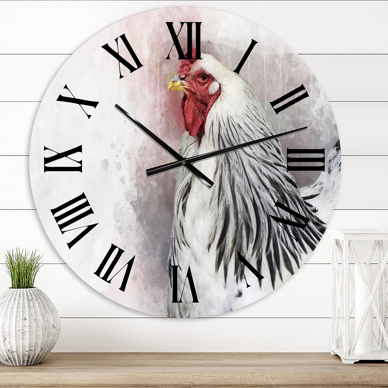 Traditional Wall Clock 'White Columbia Brahma Rooster Bird' Animals Large Wall Clock for Home Decor