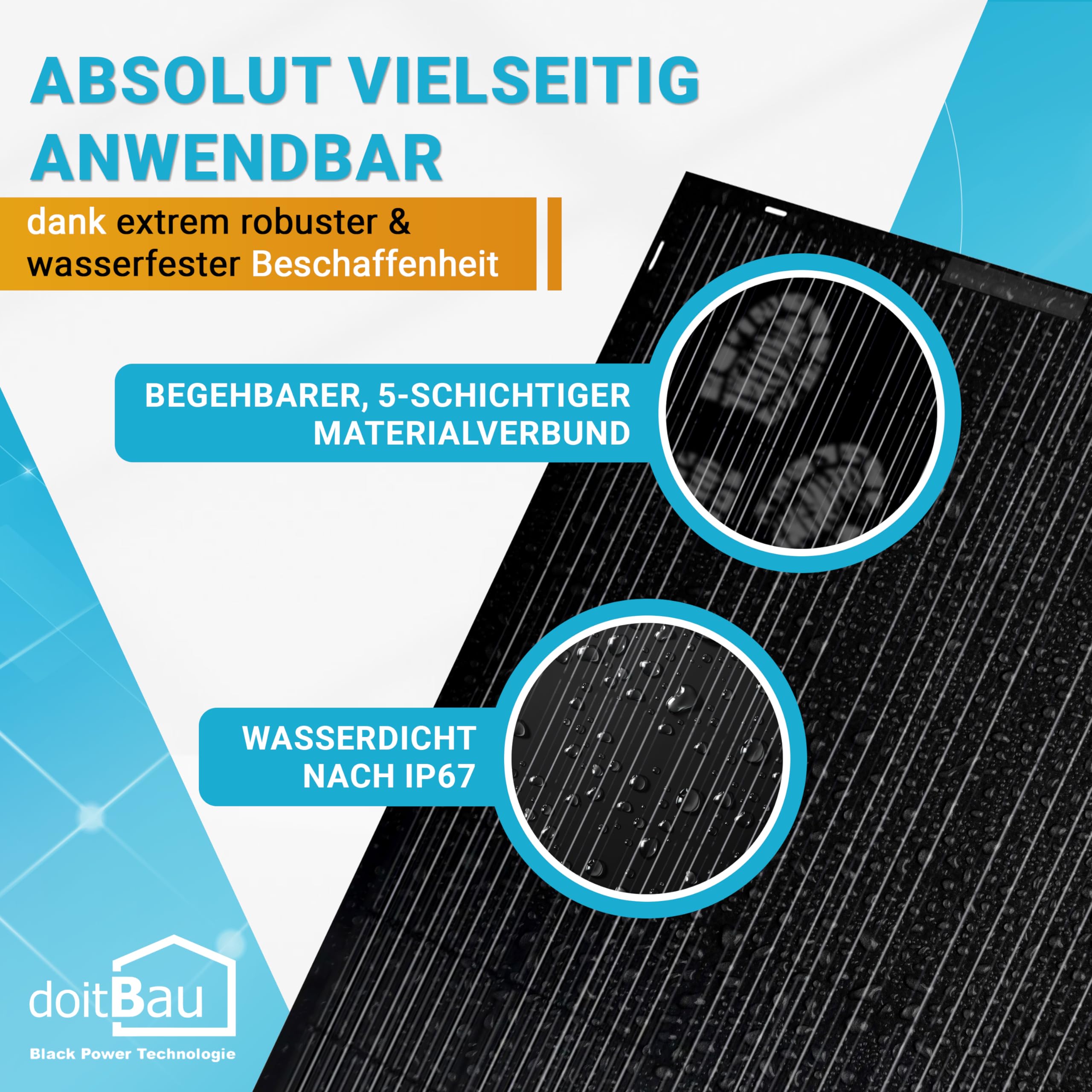 doitBau Modulo solare flessibile 200 W Full-Black - ultra sottile 2 mm, 1,9 kg - 1352 × 770 mm per camper, barca, balcone e tetto