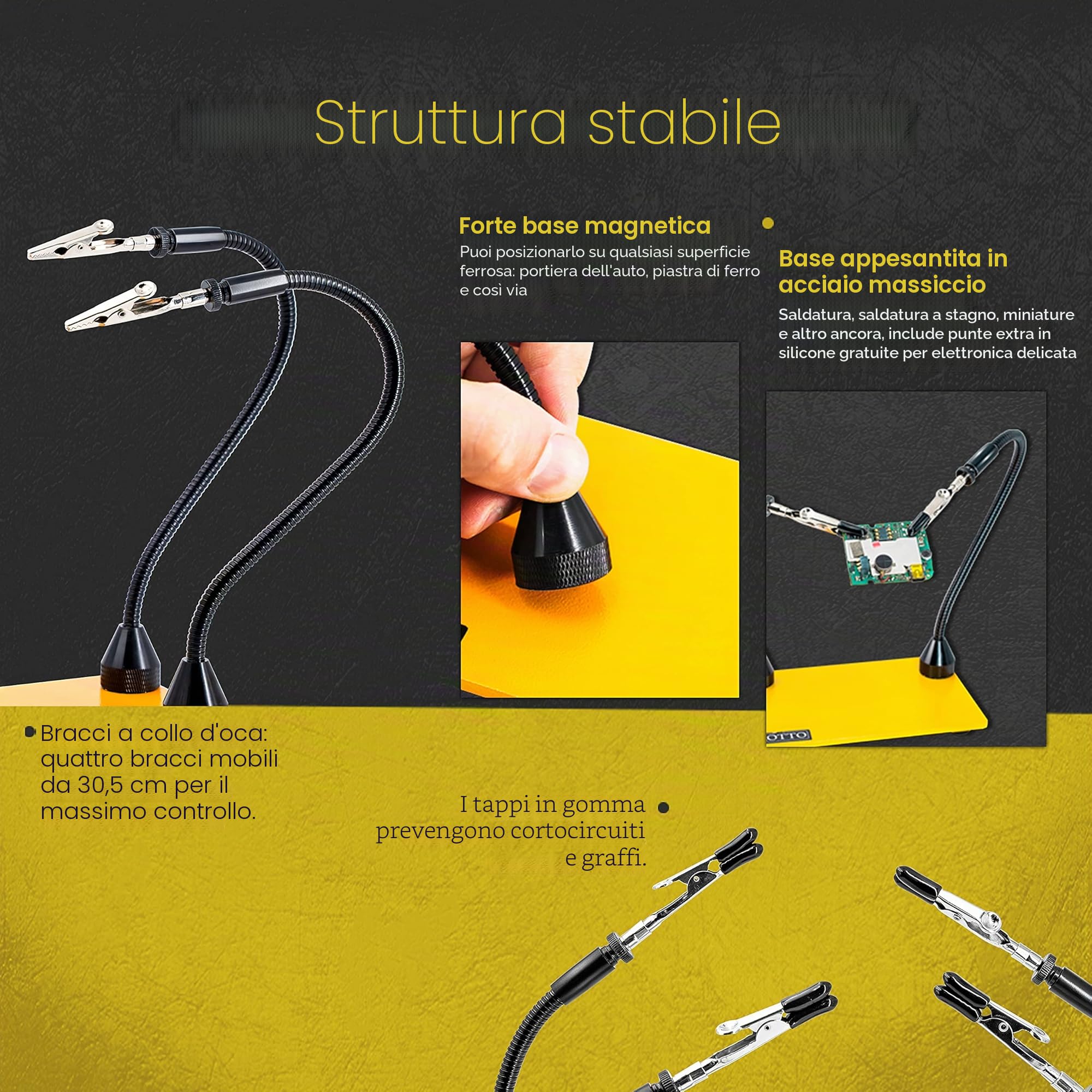 KOTTO Terza Mano, Strumento di Supporto per Circuito Stampato, 2 Bracci Flessibili in Metallo, Con Base Pesata, per Gioielleria, Atelier Hobby