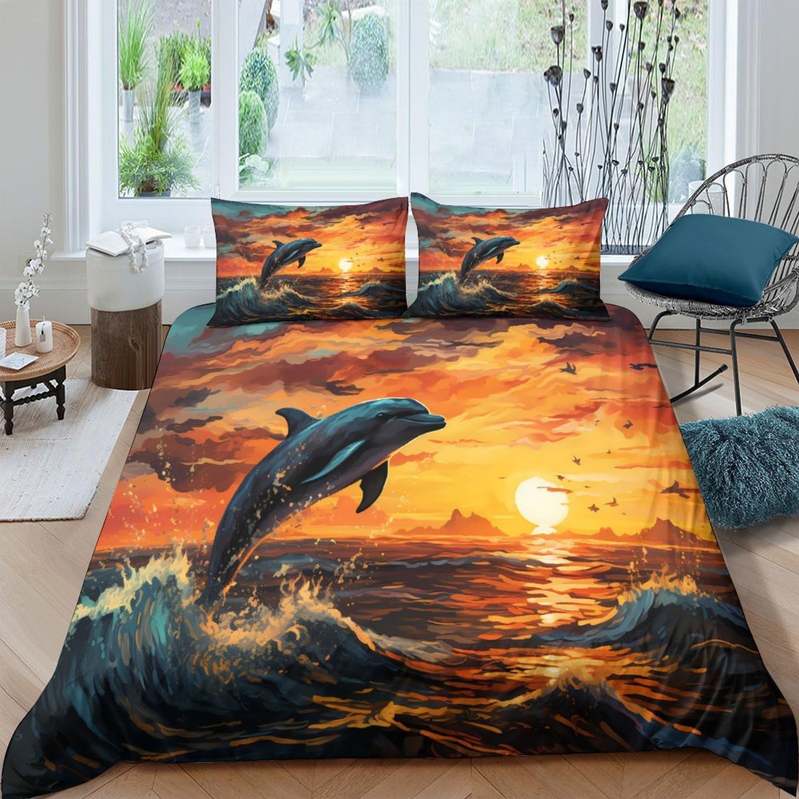 Ctjqhvkz Style-10 3D Printed Dolphin Sunset Fitted Sheet Microfiber Soft Mattress Cover Orange Ocean Scene Bedroom Decor Single（135X200cm）