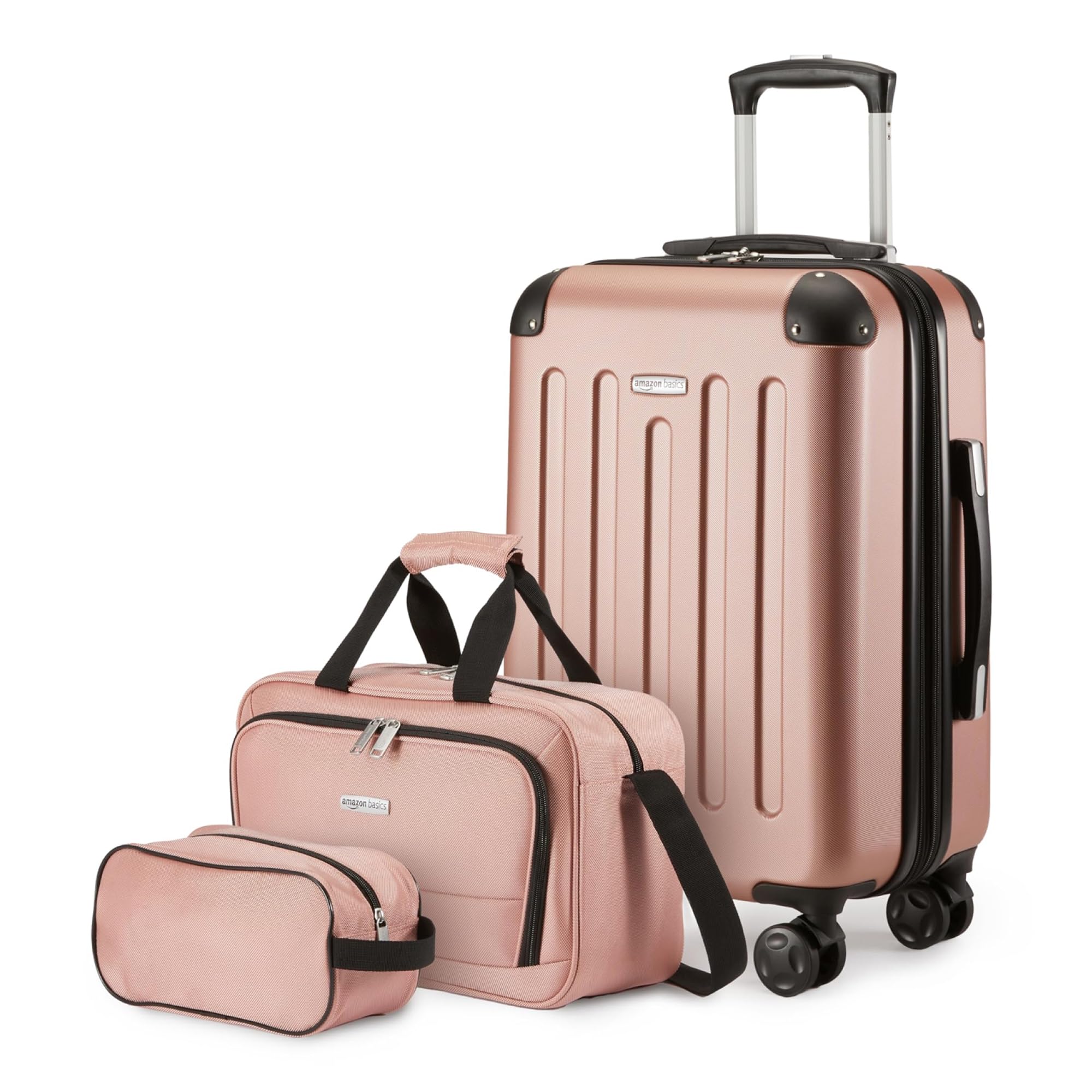 amazon basics 3-piece luggage set including one carry-on luggage 2234 expandable hardside suitcase with 8 spinner wheels one 15-inch tote bag and one 10-inch compact travel bag rose gold