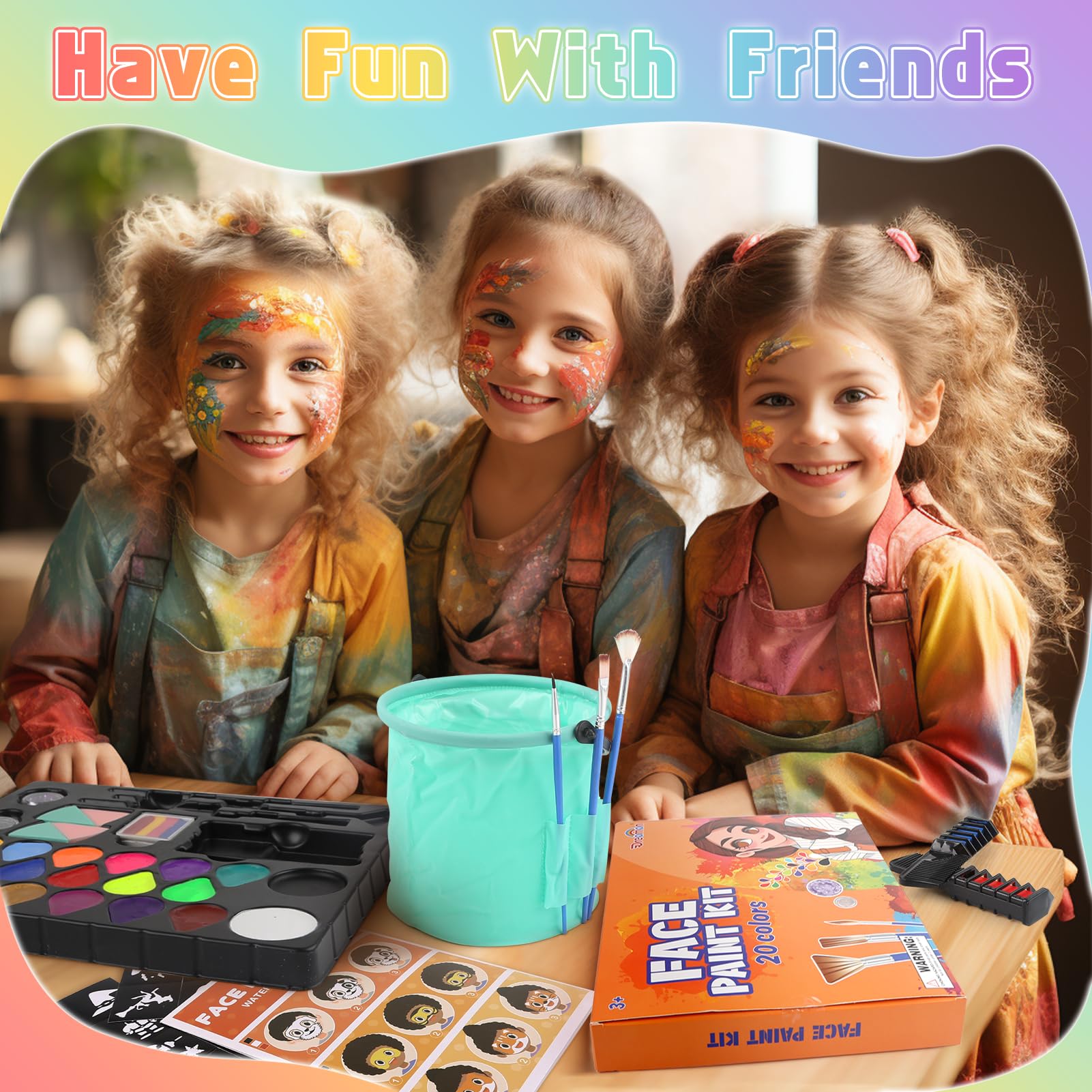 Dreamon Truccabimbi Kit 20 Colore Truccabimbi Kit Anallergici Atossici con 6 Adesivi 3 Stencil 1 Secchio Pieghevole Adatto per Trucco Bambina Halloween Carnevale Feste Natale