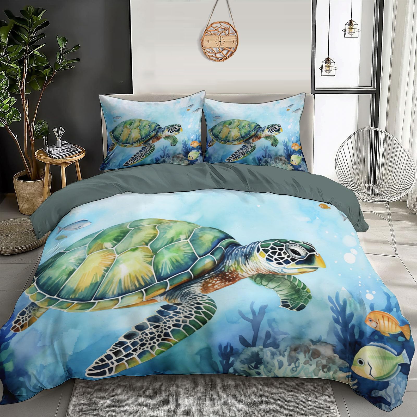 Housse de couette 140x200 tortue et méduse en microfibre bleue avec sa taie d'oreiller