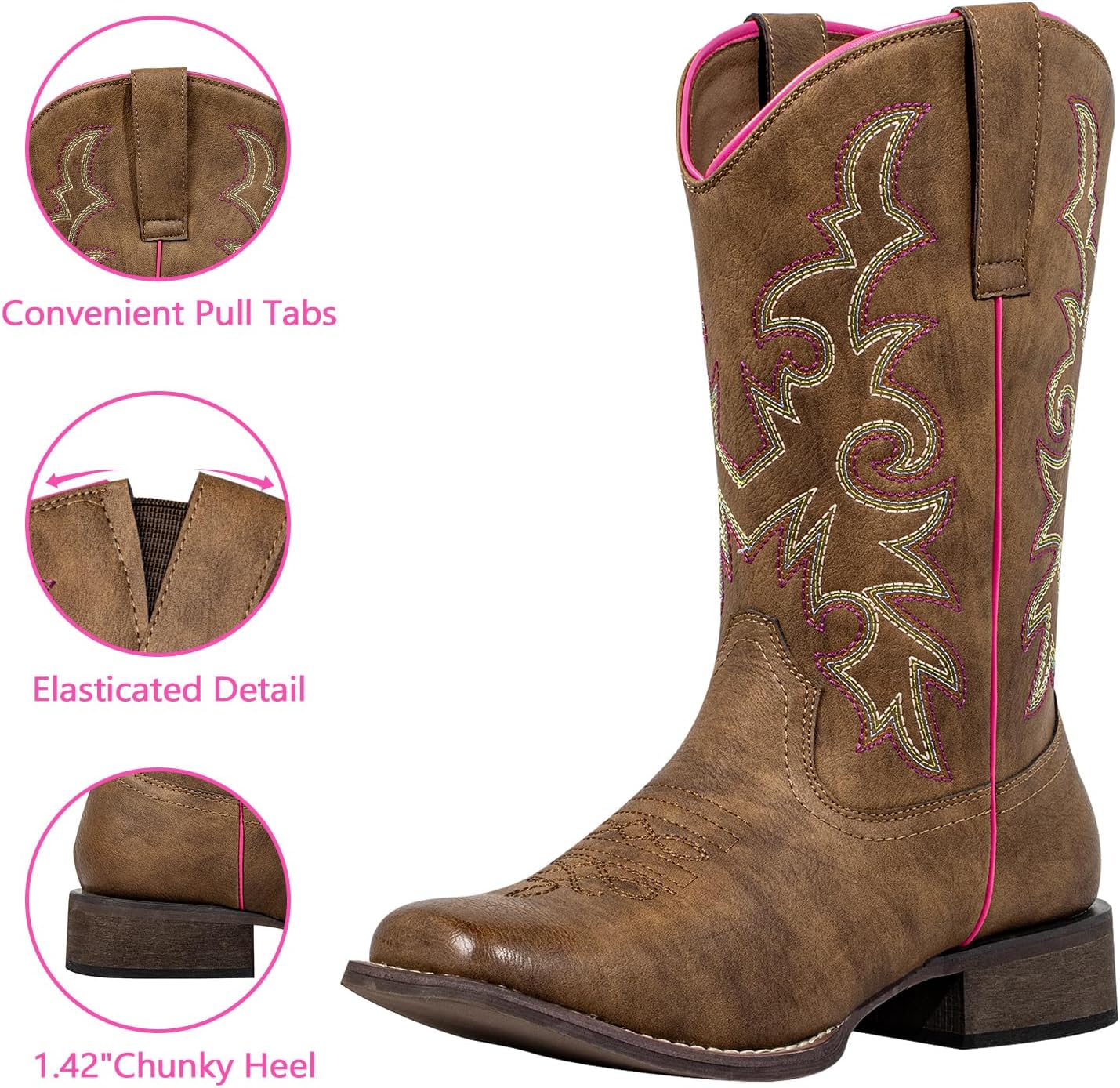 SheSole Extra Wide Calf Cowboy & Cowgirl Boots for Women - Square Toe, Hidden Elastic & Removable Cushion for Western Style Comfort