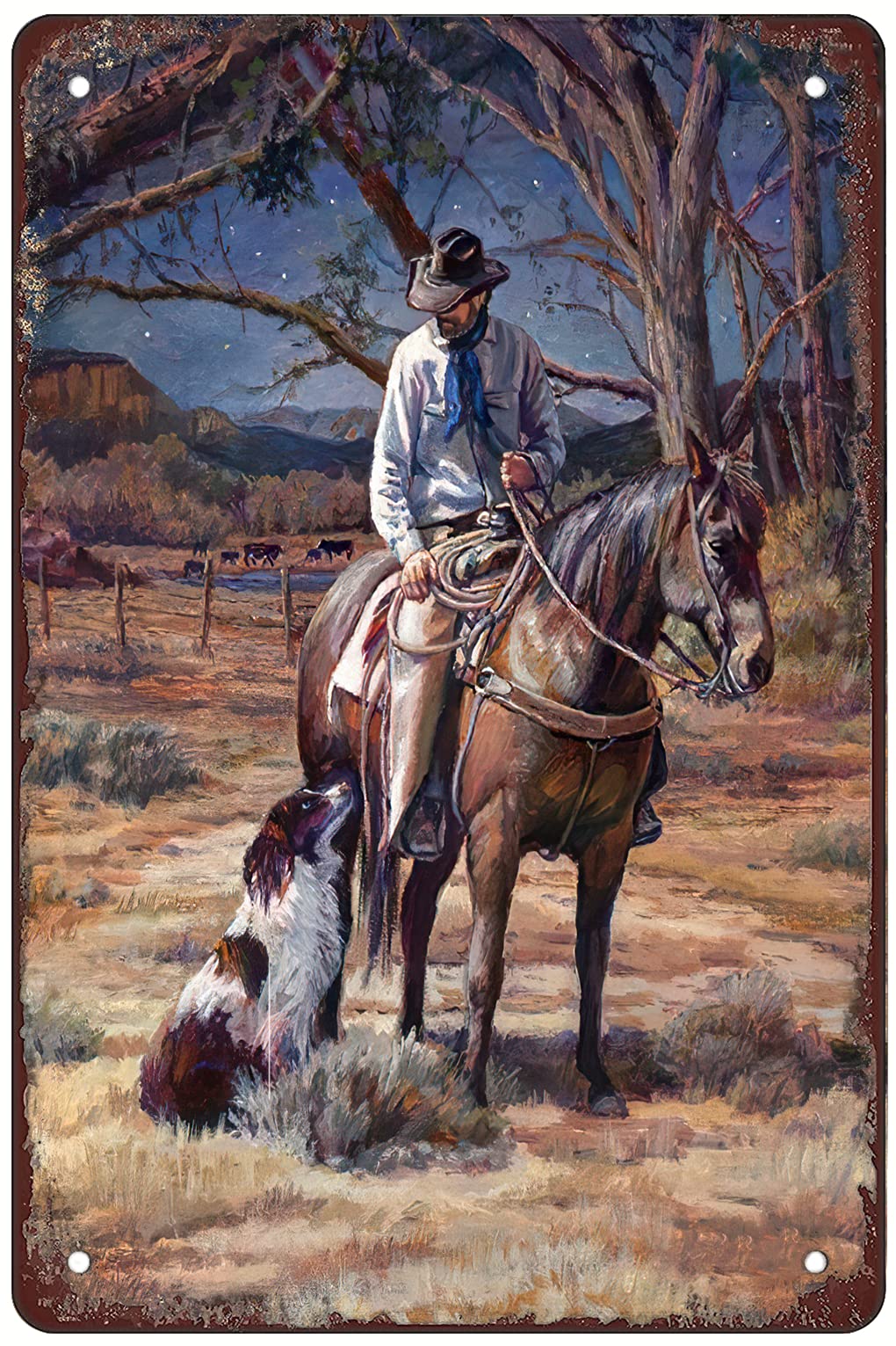Cowboy Horse Riding, Dog, Western Cowboy Gift-Vintage Metal Tin Sign Warning Sign Gift Garden Yard Sign Festival Decoration Family Farm Garage Art Wall Sign 12x8inch