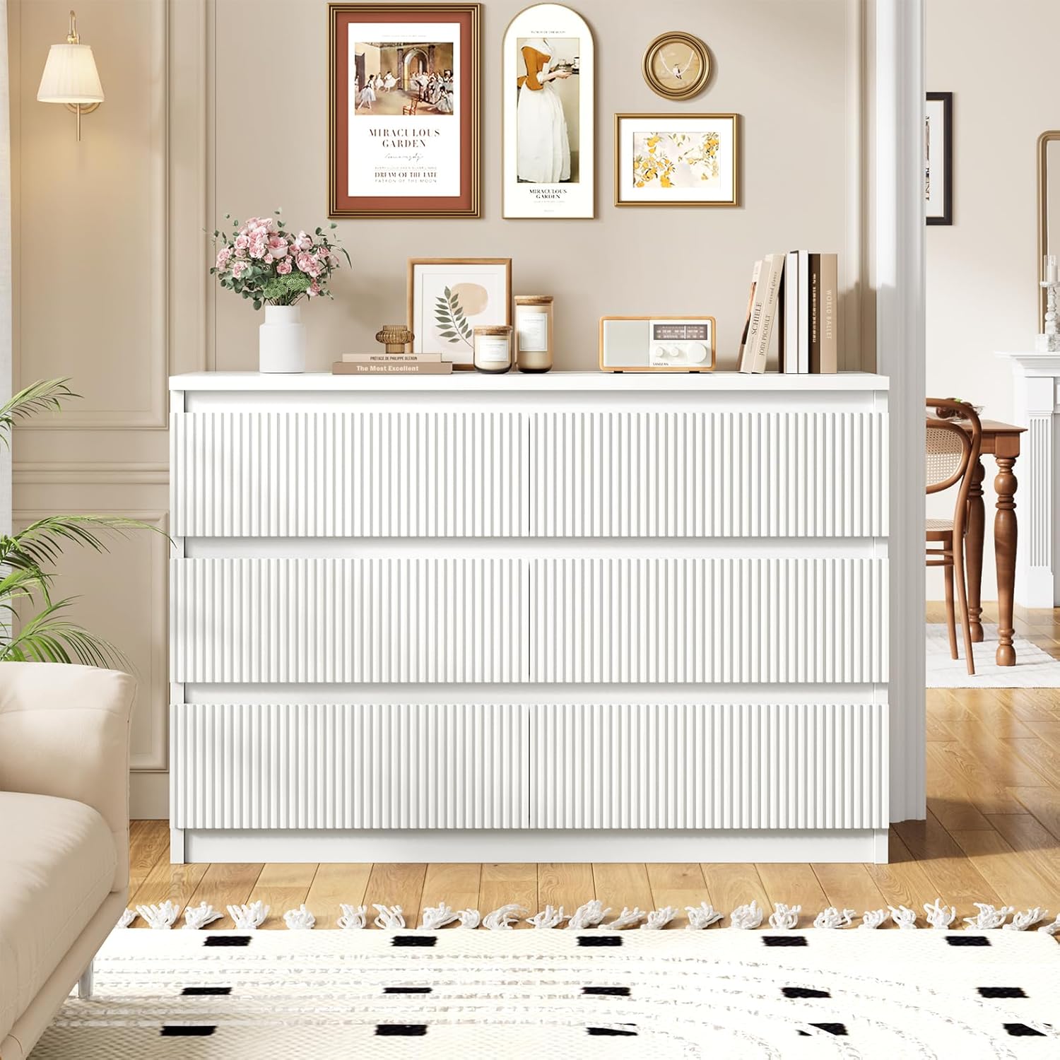 6 Drawer Dresser, Fluted Dresser for Bedroom with Sleek Hidden Handles, Bedroom Dressers with Drawers, Wood Closet Clothes Storage Organizer for Bedroom, Pure White