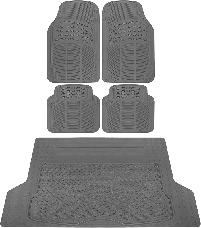BDK OF-554 Rubber Car Floor Mats, Universal Front & Rear Combo Set with Trunk Cargo Mat Liner for Car Sedan SUV Van, Heavy Duty All Weather Trim to Fit