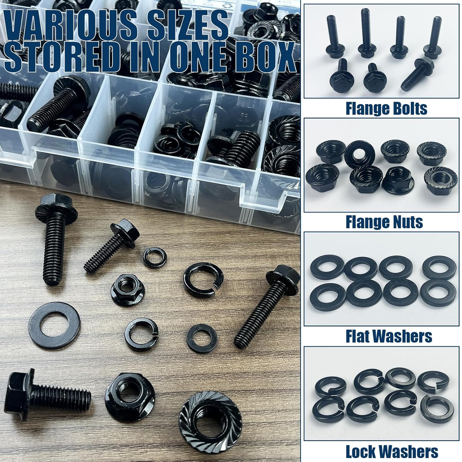 304PCS Metric Flange Bolt Assortment Kit 10.9 Grade Black Hex Bolts M6x1.0, M8x1.25, M10x1.5 (12mm to 30mm) Assorted Bolts and Nuts Washers Kit for Automotive