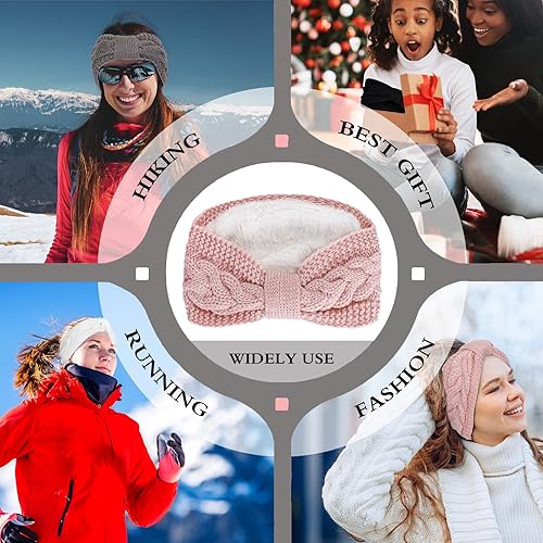 Miniatura 7 de Whaline Paquete de 4 diademas de punto trenzado, para invierno, anudadas, con forro mullido, turbante grueso de ganchillo, calentador de orejas
