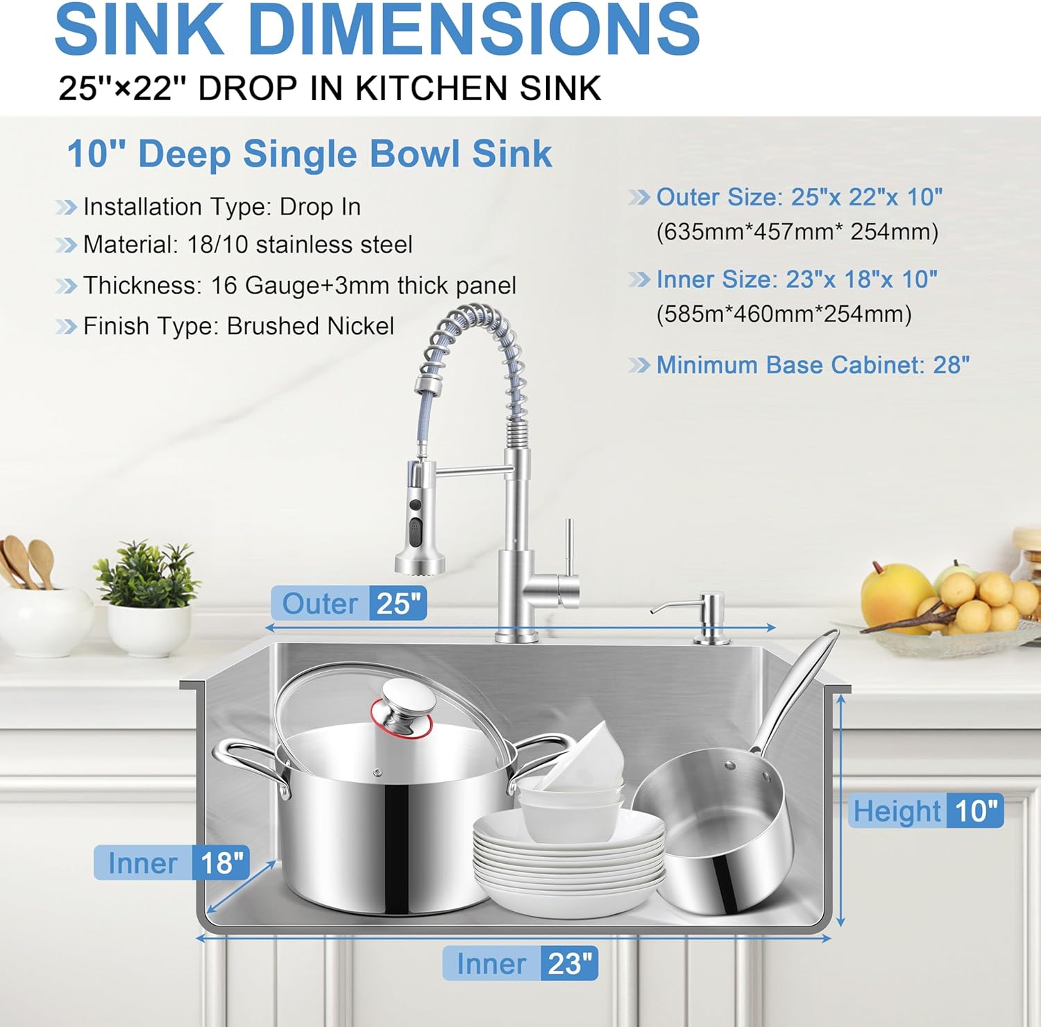 Herogo 25×22 Inch Drop In Single Bowl Kitchen Sink, Stainless Steel 10'' Deep Utility Sink for Rv Bar Outdoor Farmhouse Laundry Room