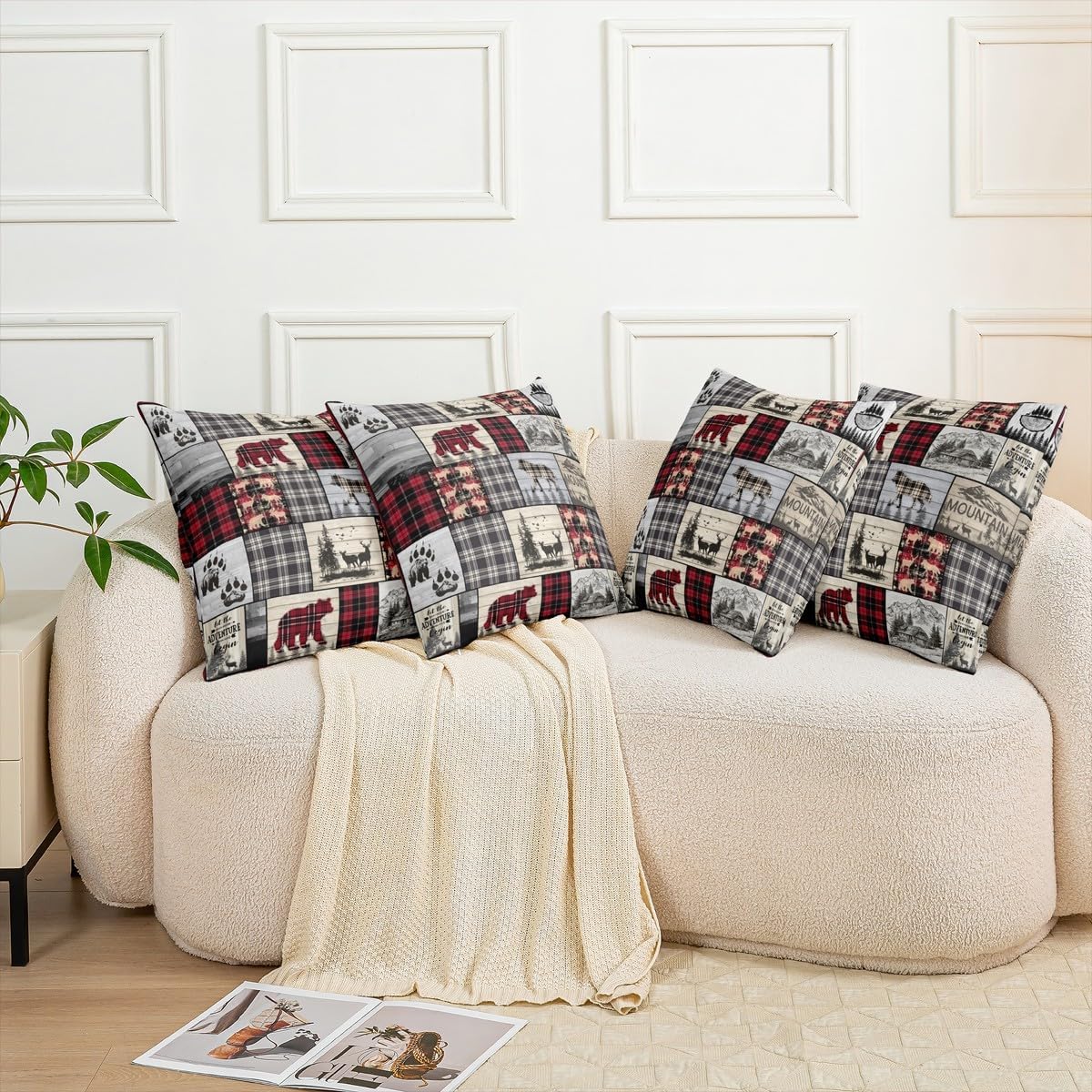2Pcs of Rustic Cabin Throw Pillow Covers 24x24, Woodland Wolf Deer Bear Pillow Covers for Bed, Red Black Buffalo Plaid Cushion Covers, Wildlife Camping Lodge Mountain Decorative Square Pillow Cases