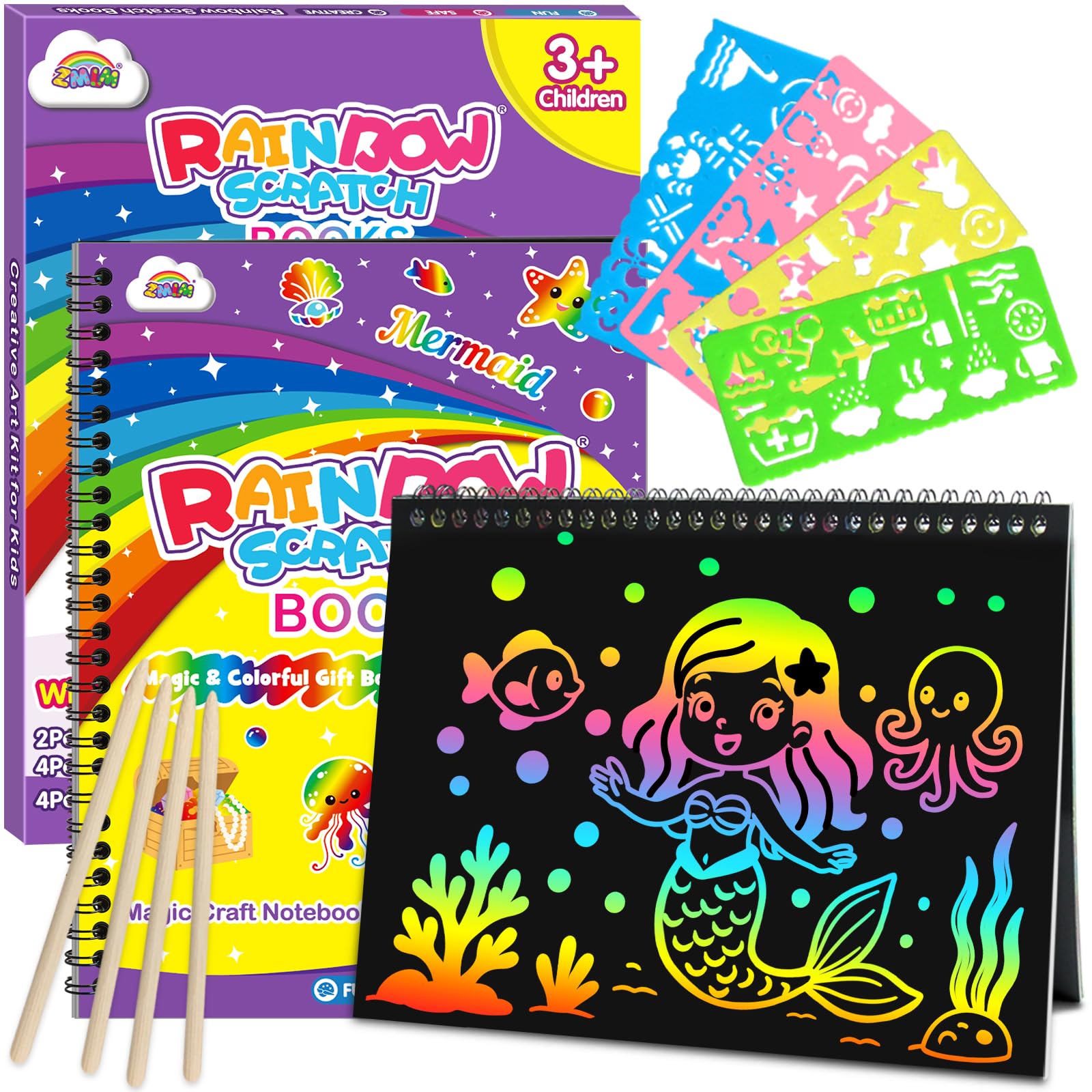 Scratch Art for Kids - 2 Pack Large Rainbow Scratch Notebooks, Arts and Crafts for Kids Ages 3-12, Girls Toys Rainbow Scratch Paper, Craft Kits for Kids, Birthday Presents for Girls Boys (Mermaid) — image 1
