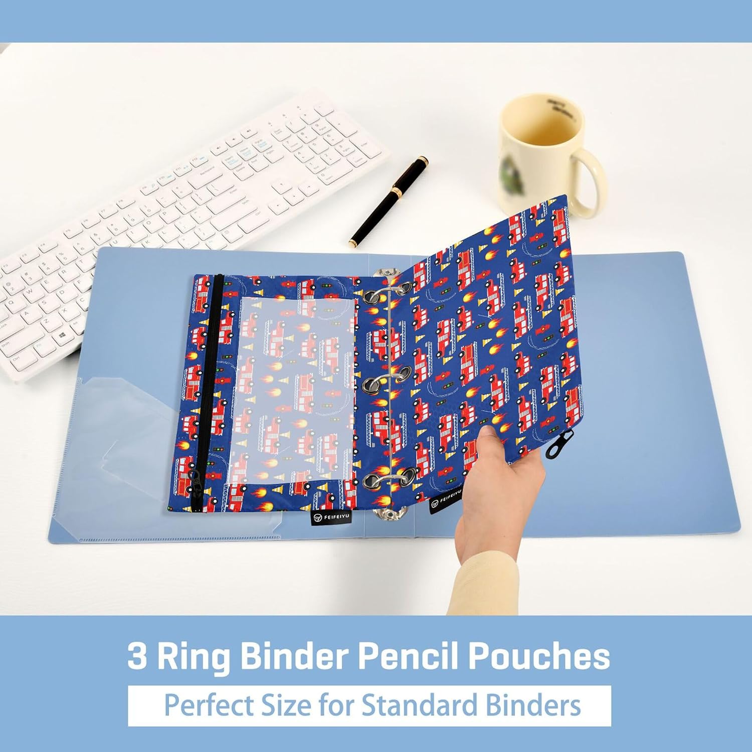 Fire Fightine Truck Binder Pouches 3 Ring for Boys Girls School Office College Supplies Cars Pencil Pouches Case Bag with Clear Window and Zipper 2 Pack image 4