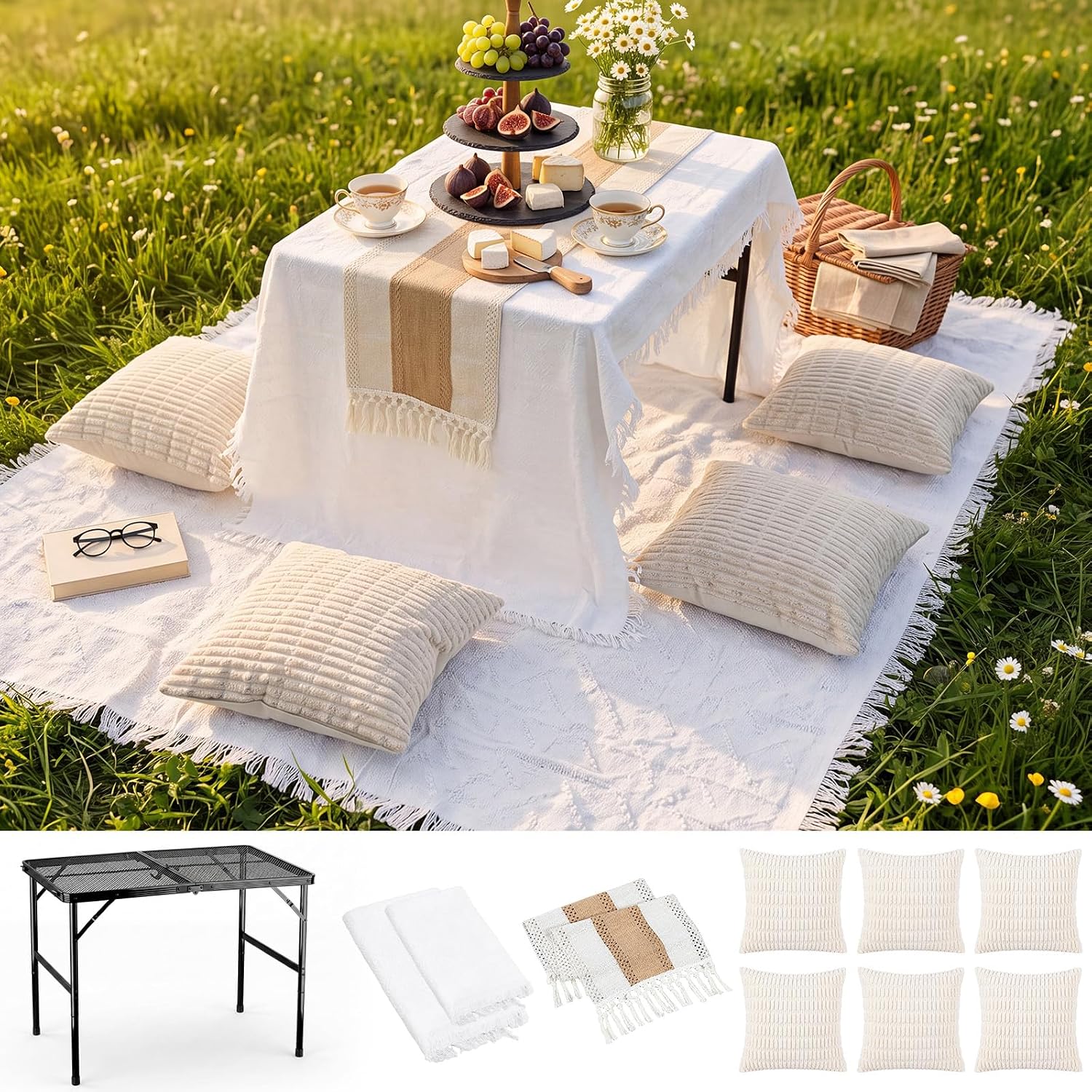 Novabright 10 Pcs Boho Picnic Set Table Blanket Runner Pillow Cover, Medium
